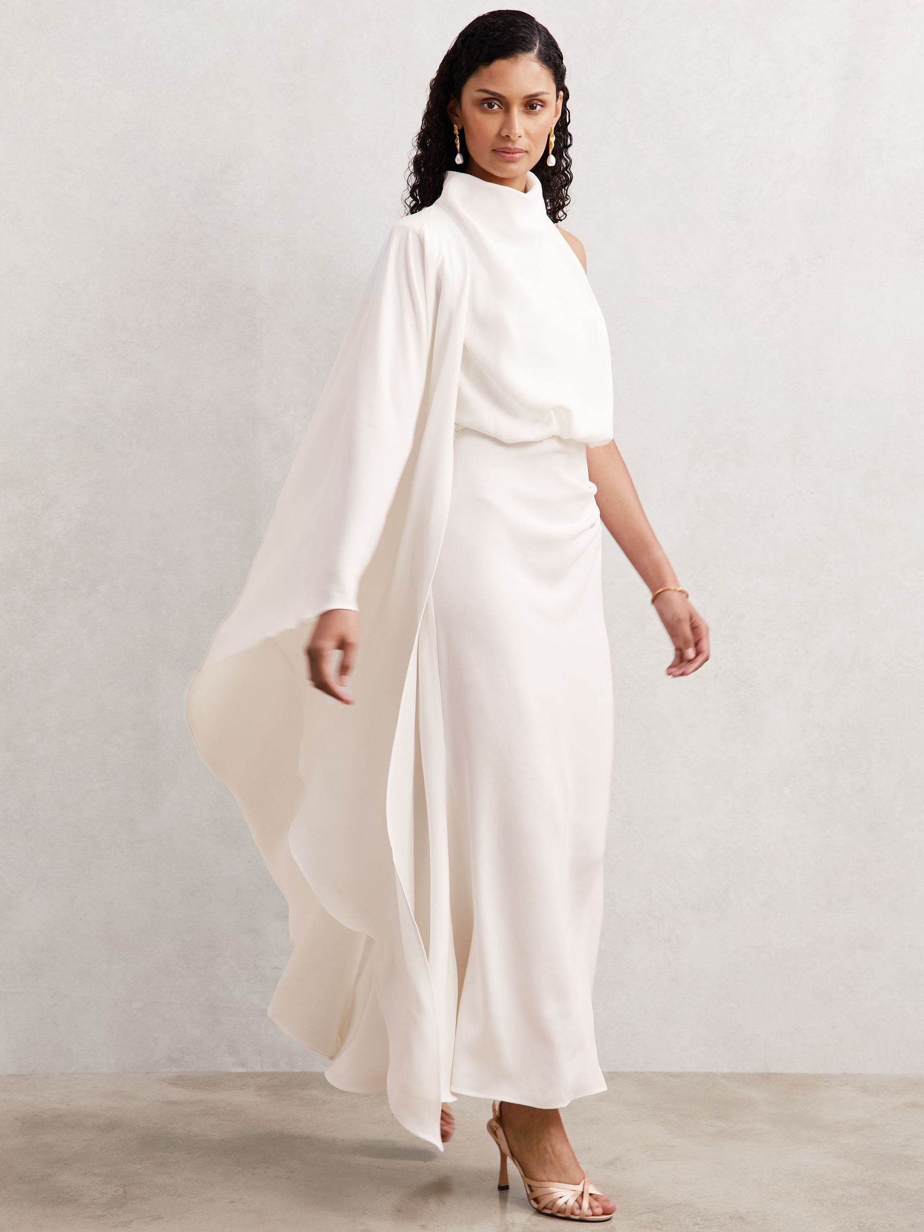 Acler Satin Single-Sleeve Maxi Dress in Ivory