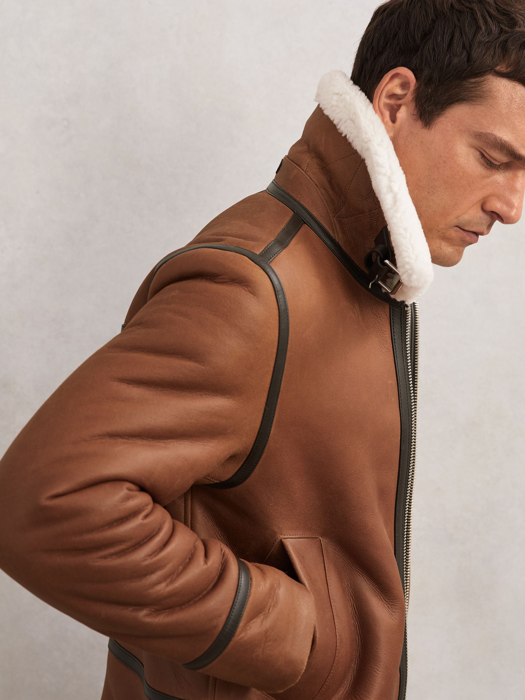 Leather Shearling-Collar Jacket in Cognac Brown