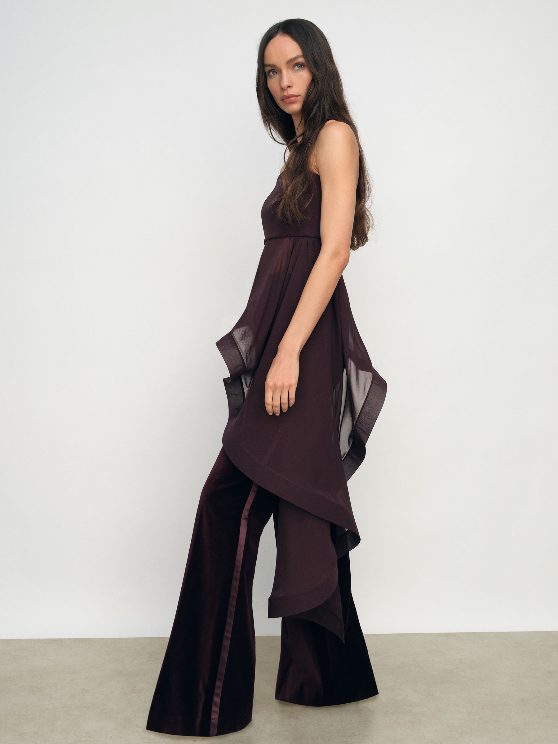 Silk Asymmetric-Ruffle Bandeau Top in Burgundy