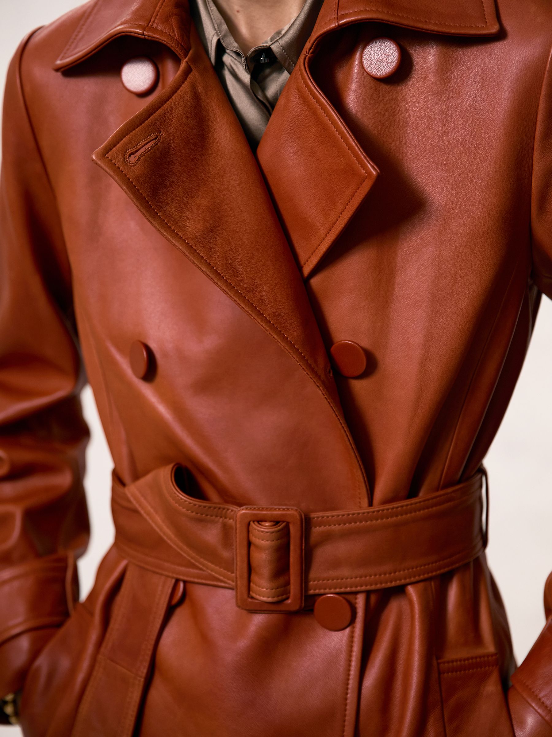 Leather Double-Breasted Trench Coat in Tan