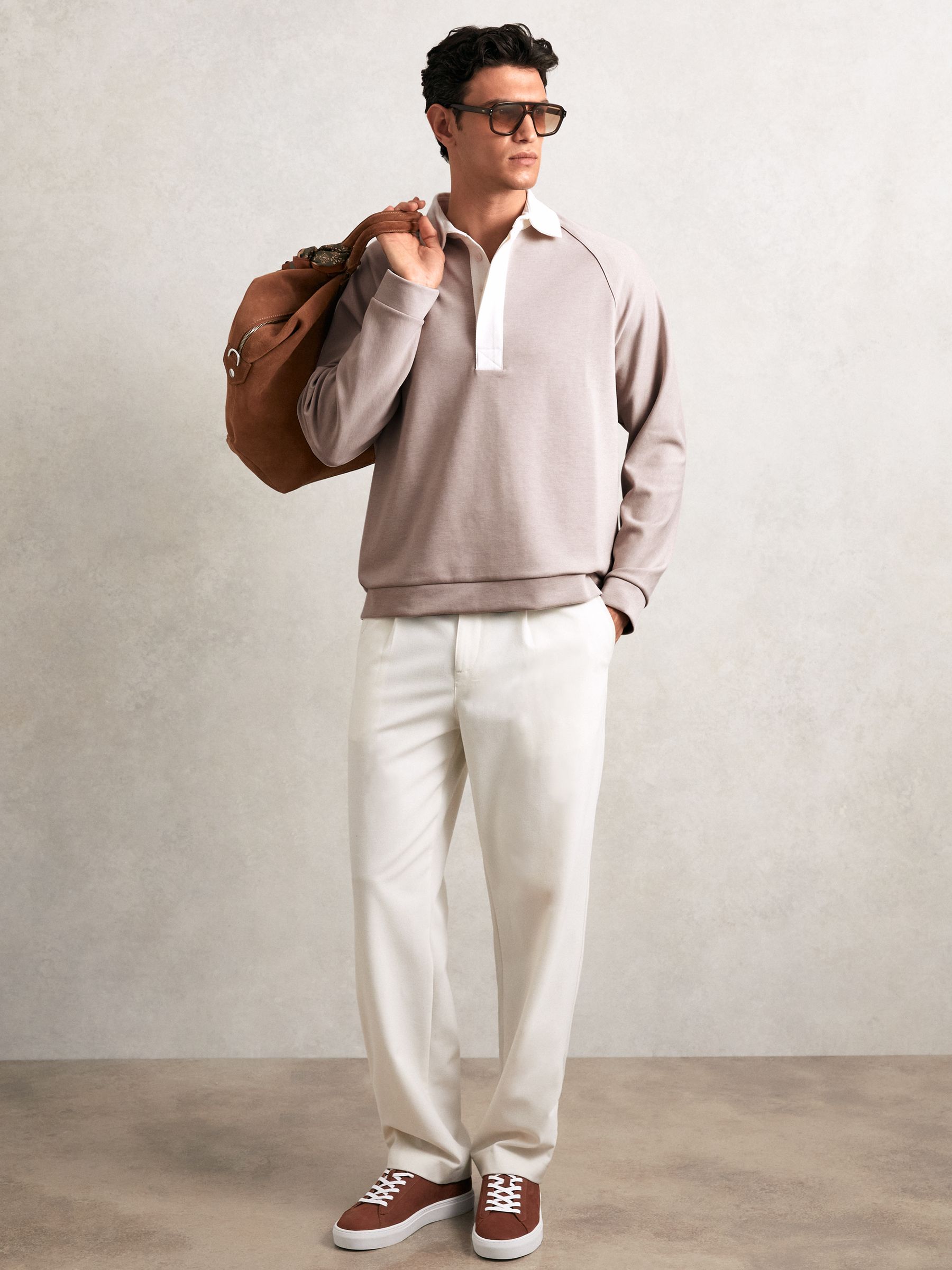 Colour Block Rugby Shirt in Oatmeal/White