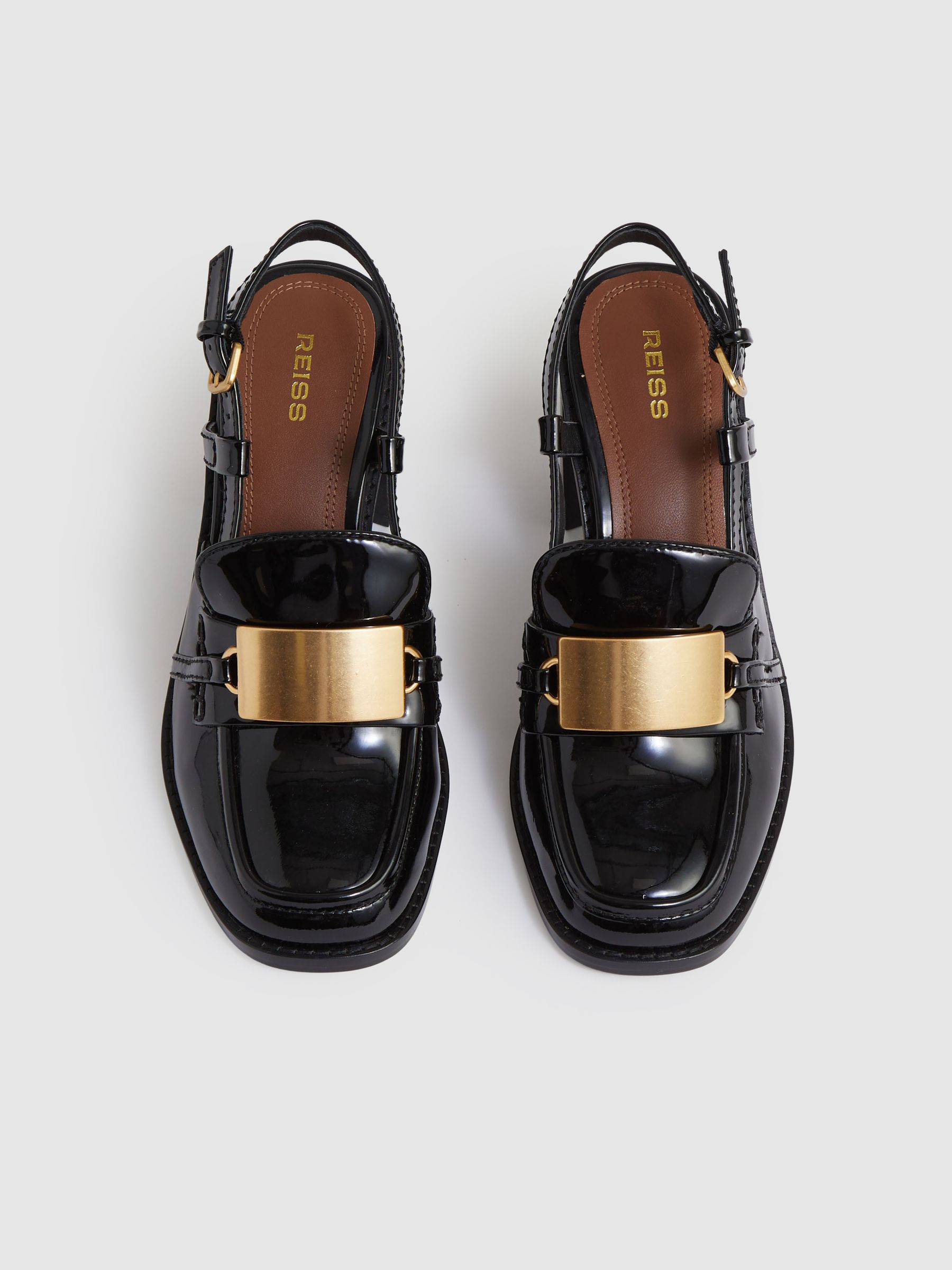 Patent Leather Slingback Heeled Loafers in Black