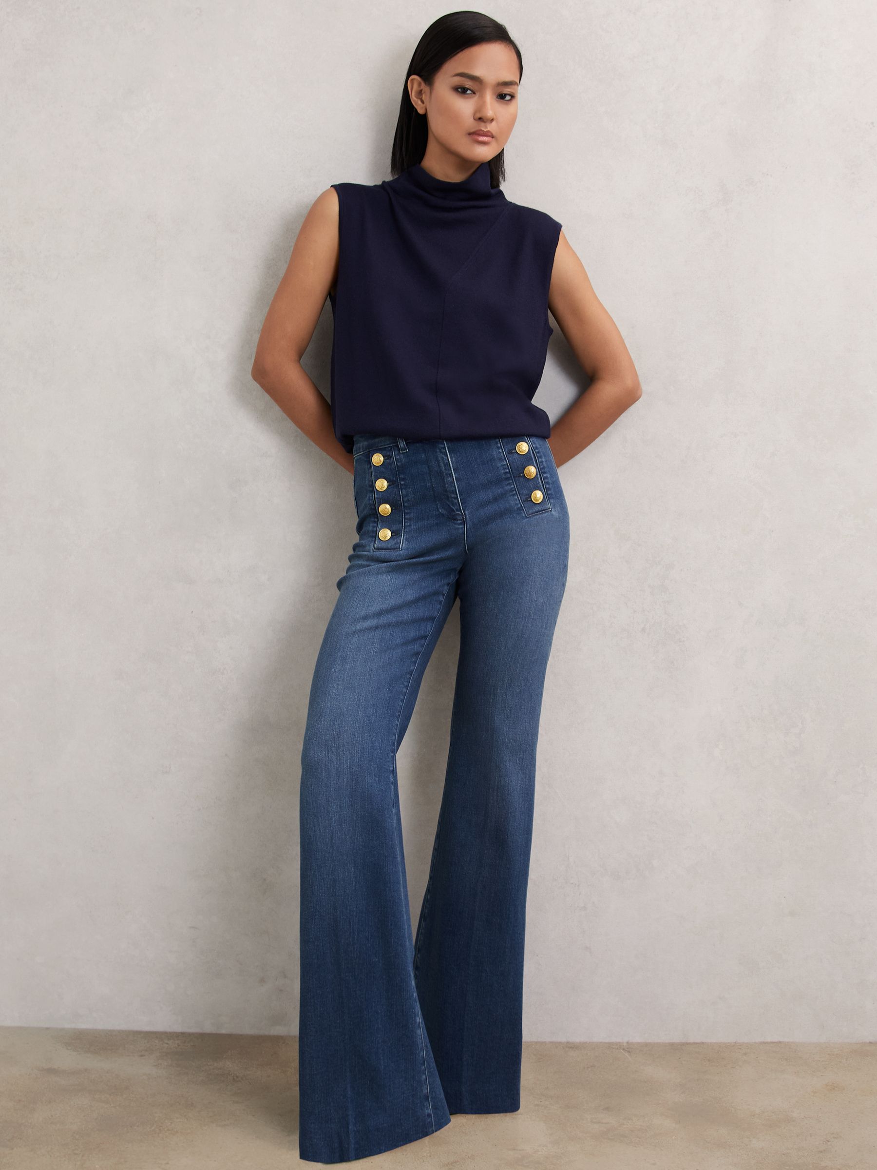 Petite Button-Detail High-Rise Flared Jeans in Mid Blue