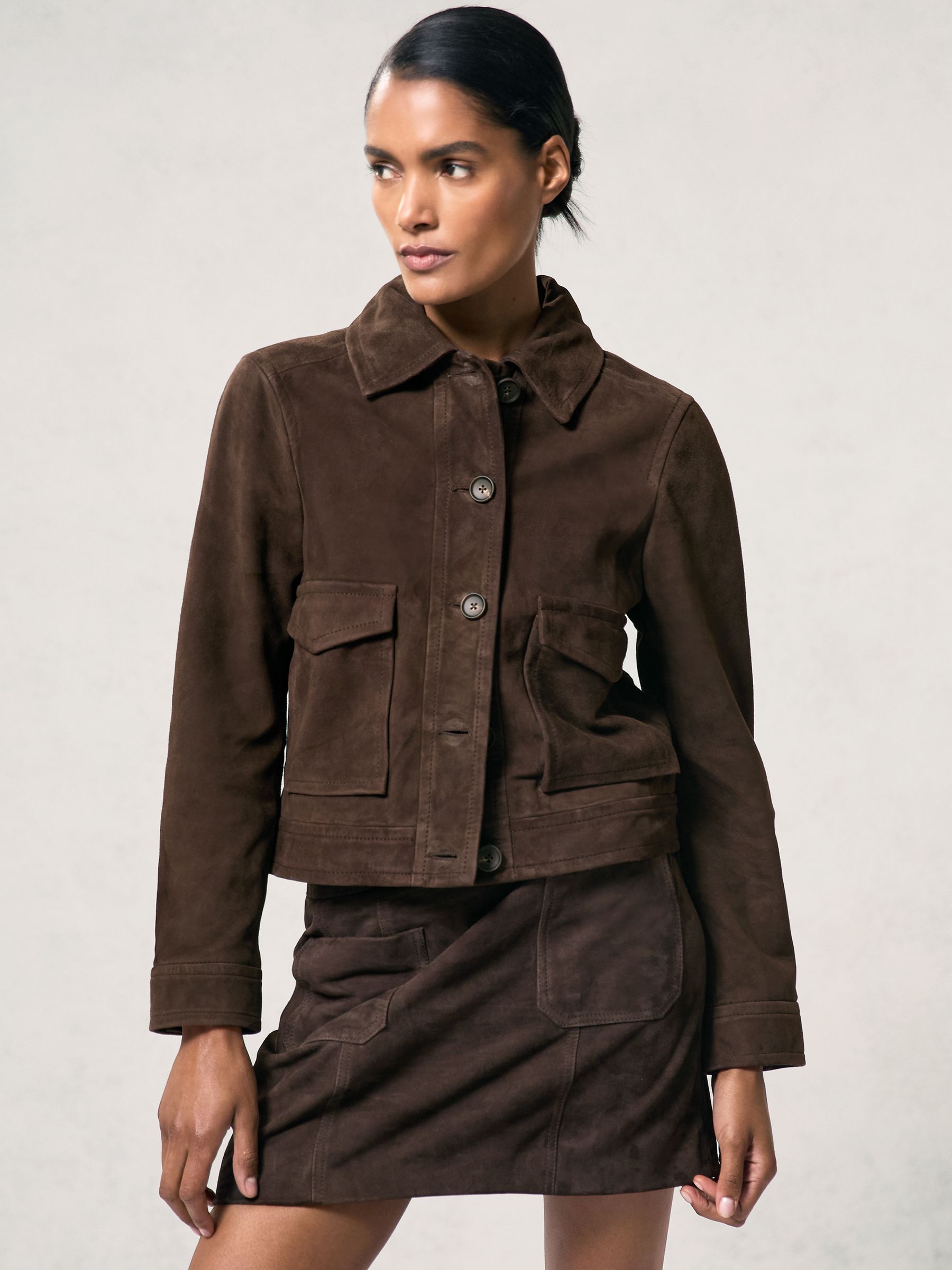 Petite Suede Trucker Jacket in Chocolate Brown