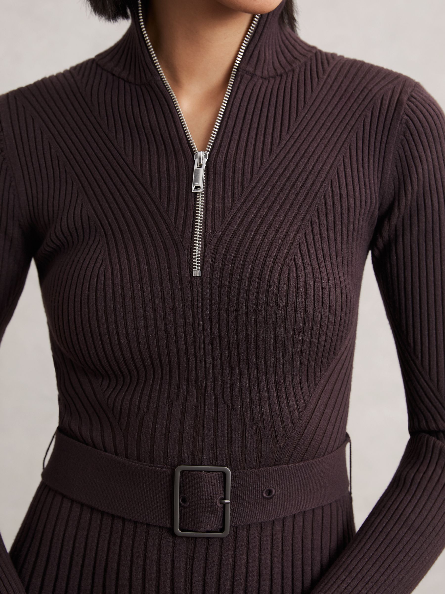 Rib-Knit Belted Half-Zip Flippy Dress in Plum Purple