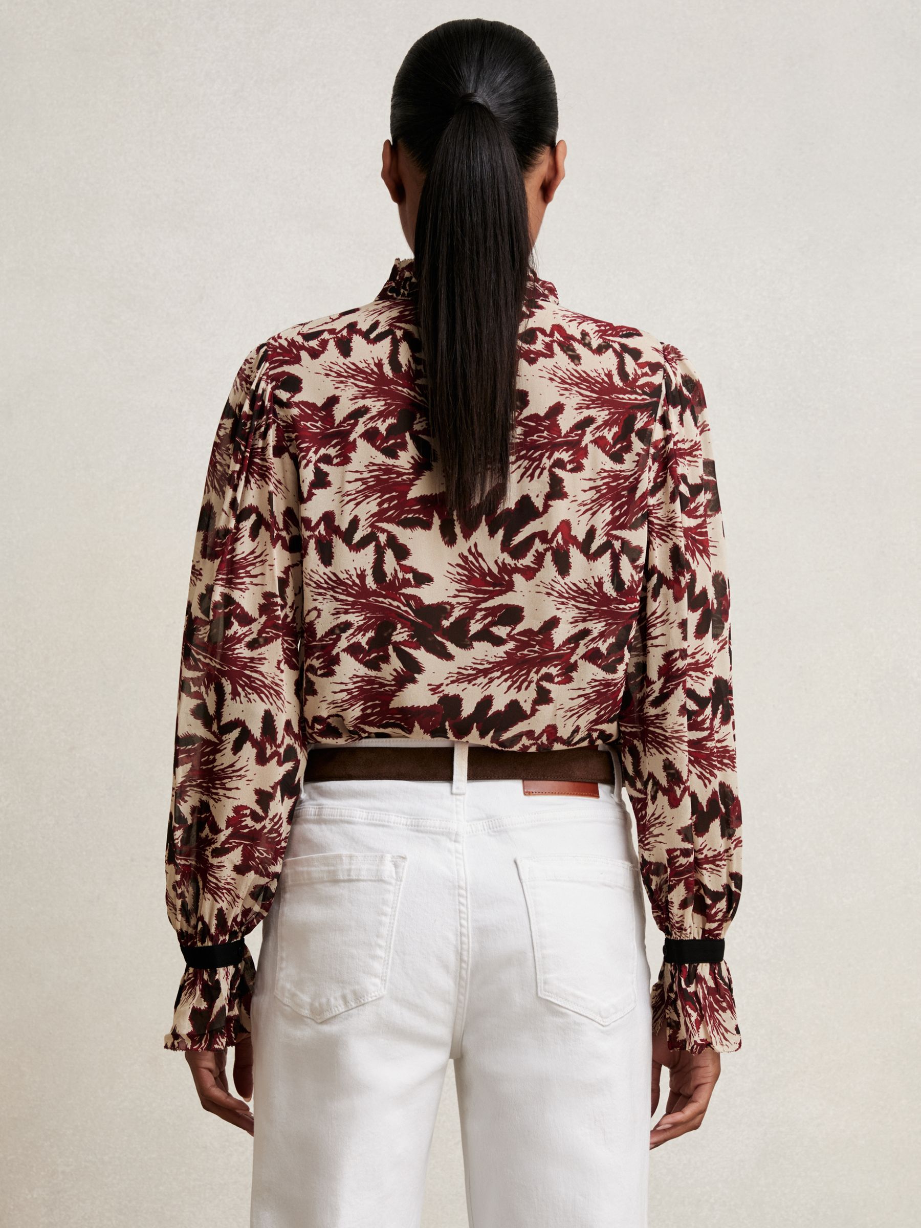 Abstract-Print Ruffle-Neck Shirt in Burgundy/Cream