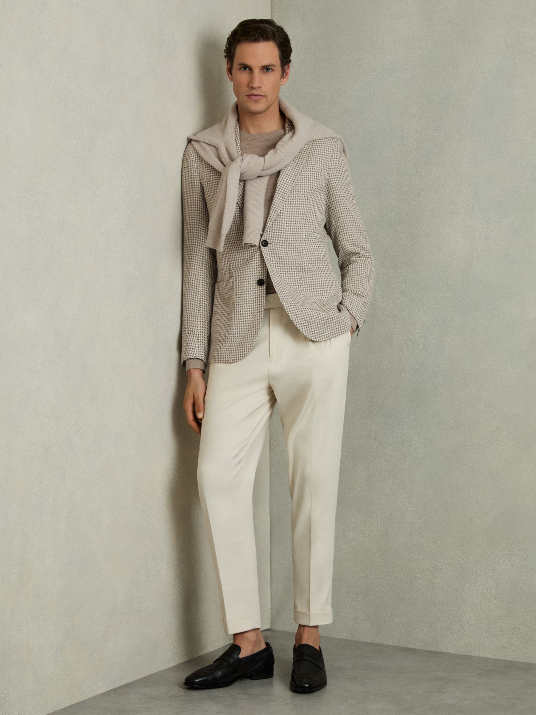 Slim-Fit Single-Breasted Dogtooth-Check Blazer in Grey/White