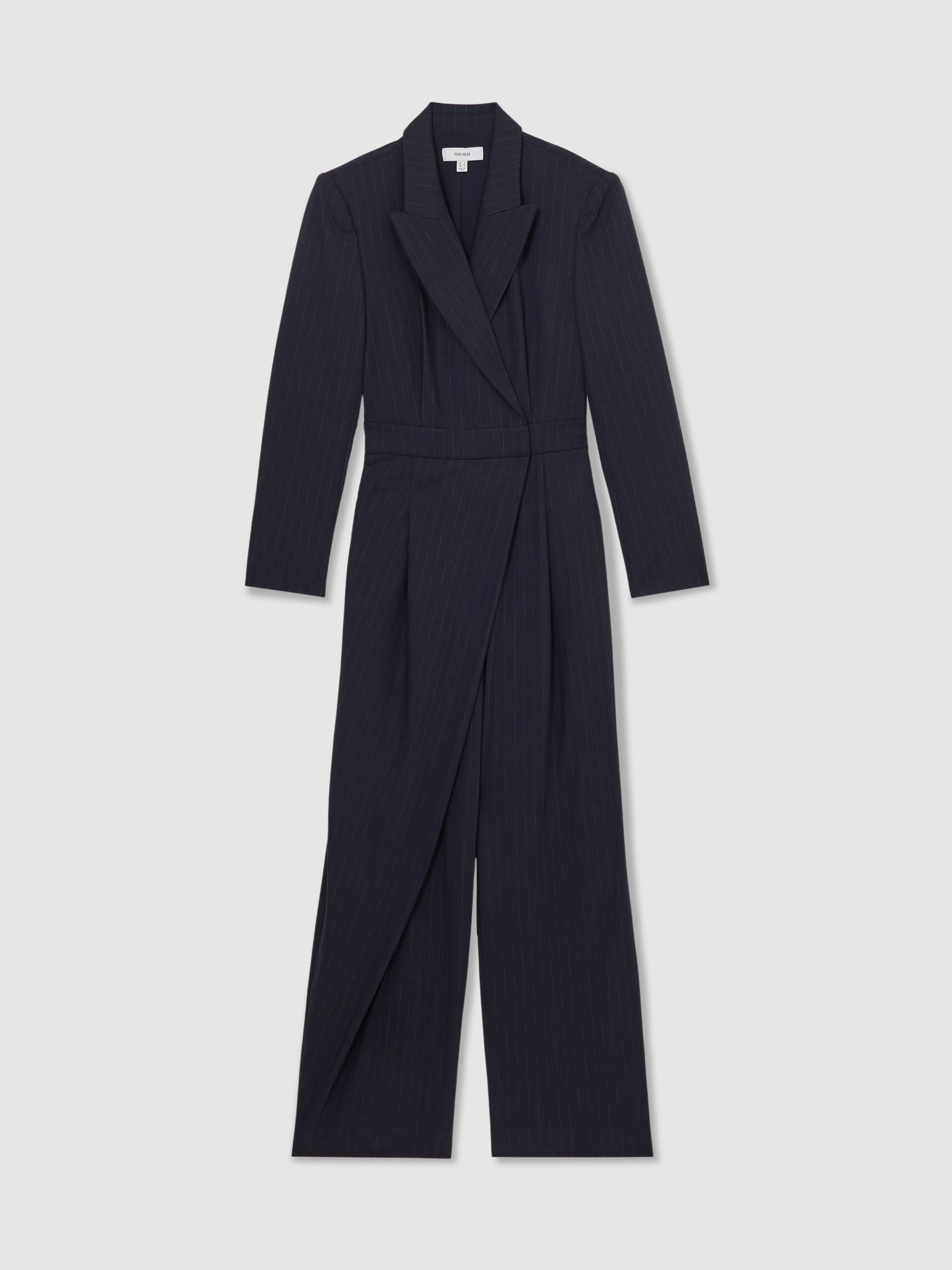 Pinstripe Tailored Wide-Leg Jumpsuit with Wool in Navy