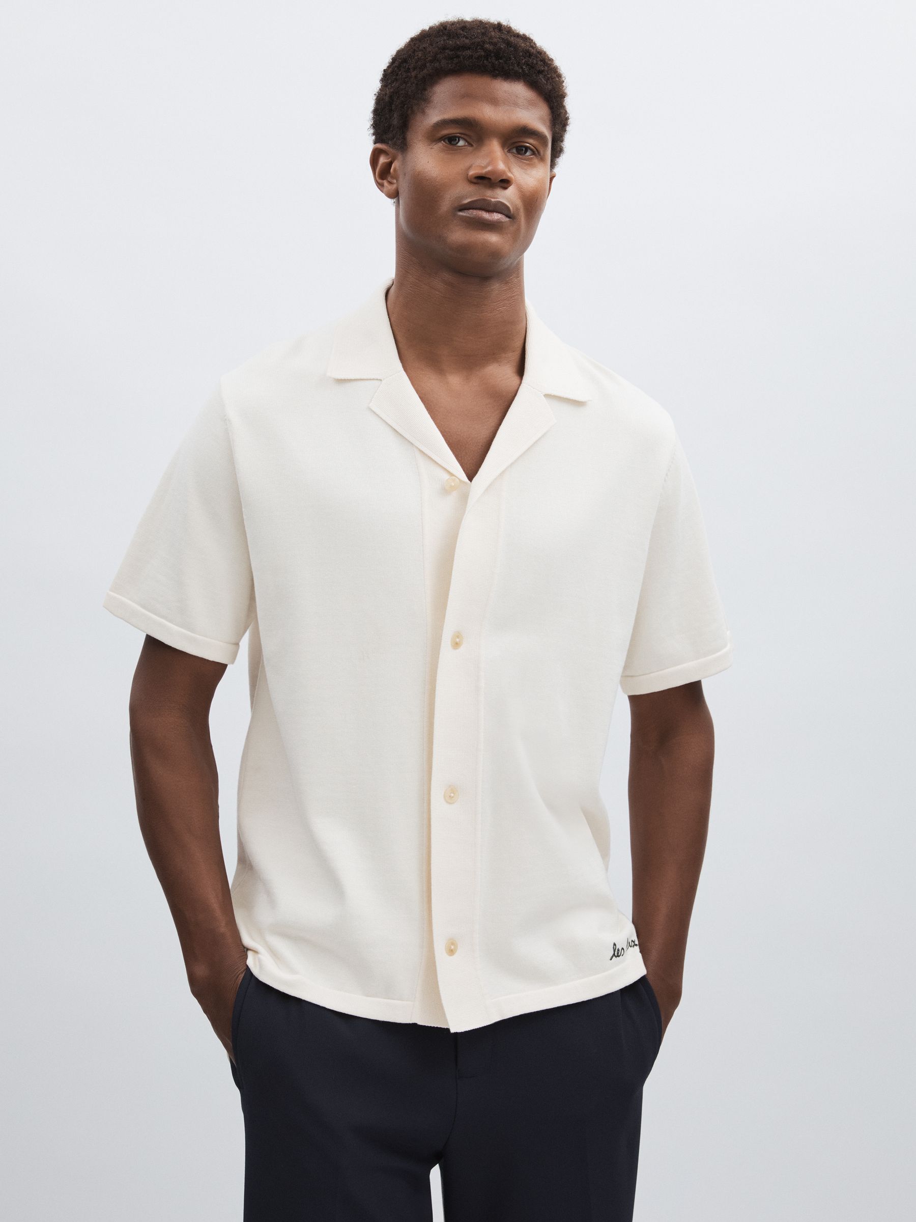 Floral Motif Knit 100% Cotton Shirt in Ivory Print