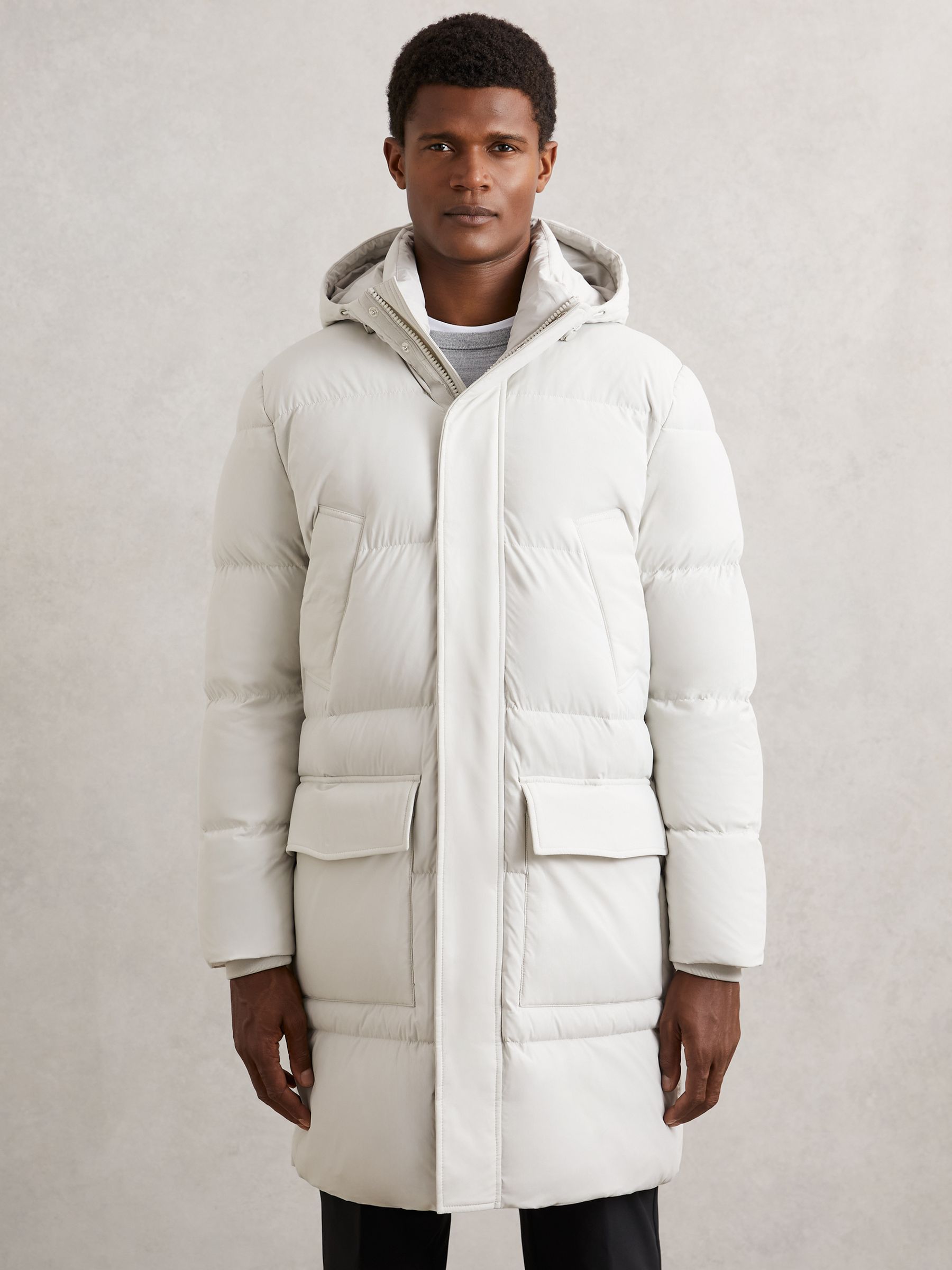 Longline Quilted Puffer Jacket in Light Stone