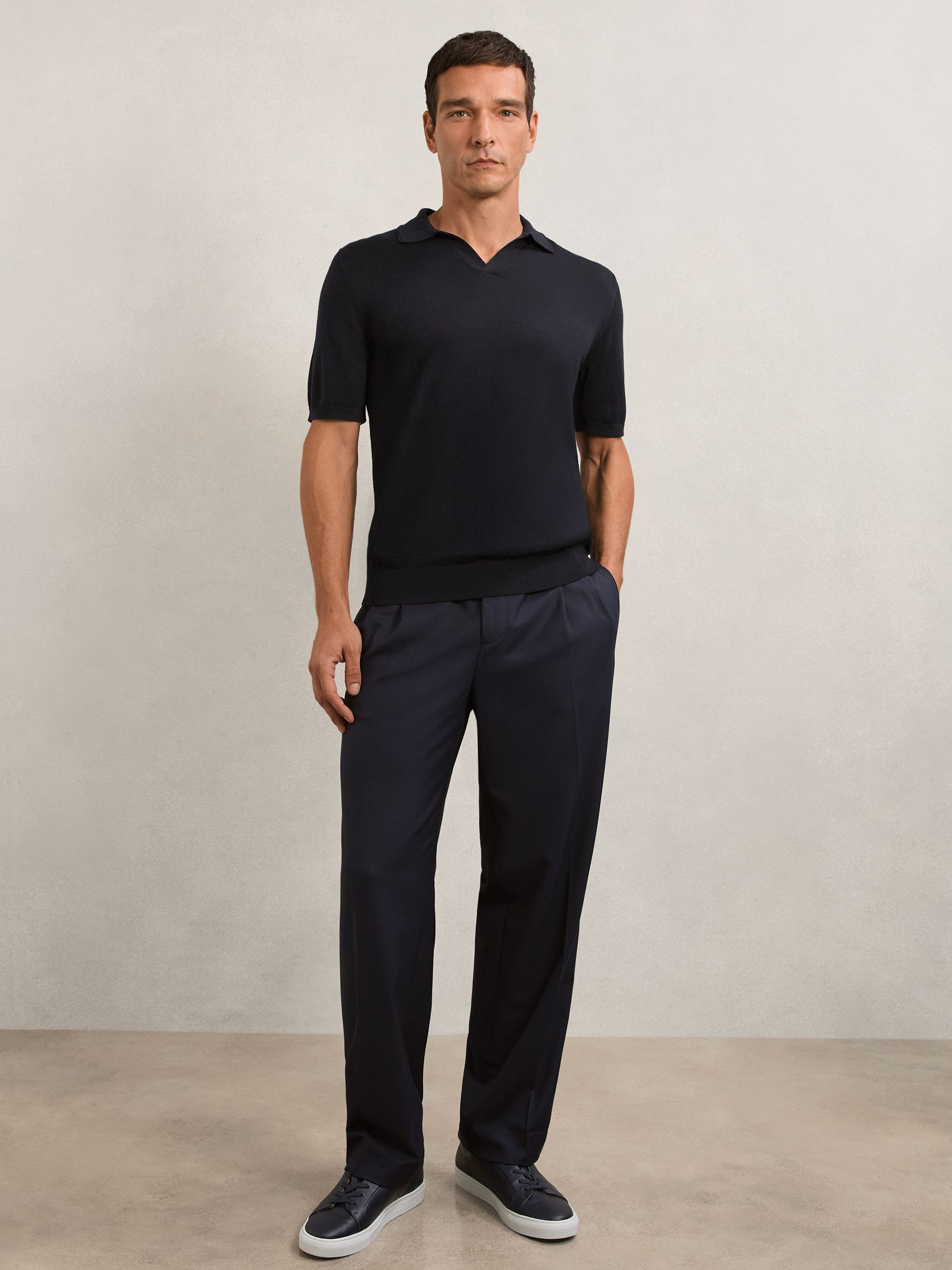 Merino Wool Open-Collar Polo Shirt in Navy
