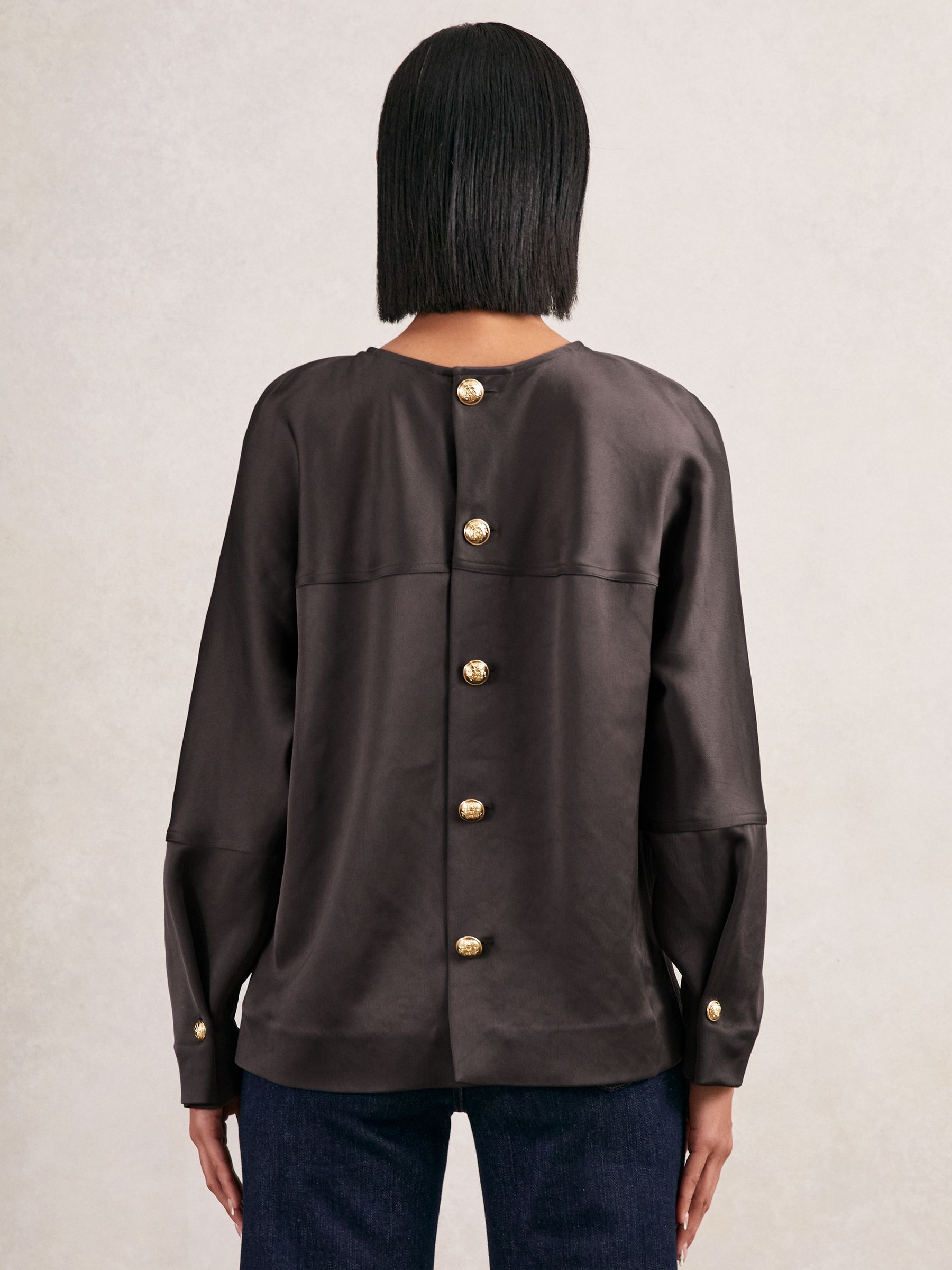 Satin Button-Back Long-Sleeve Top in Mauve