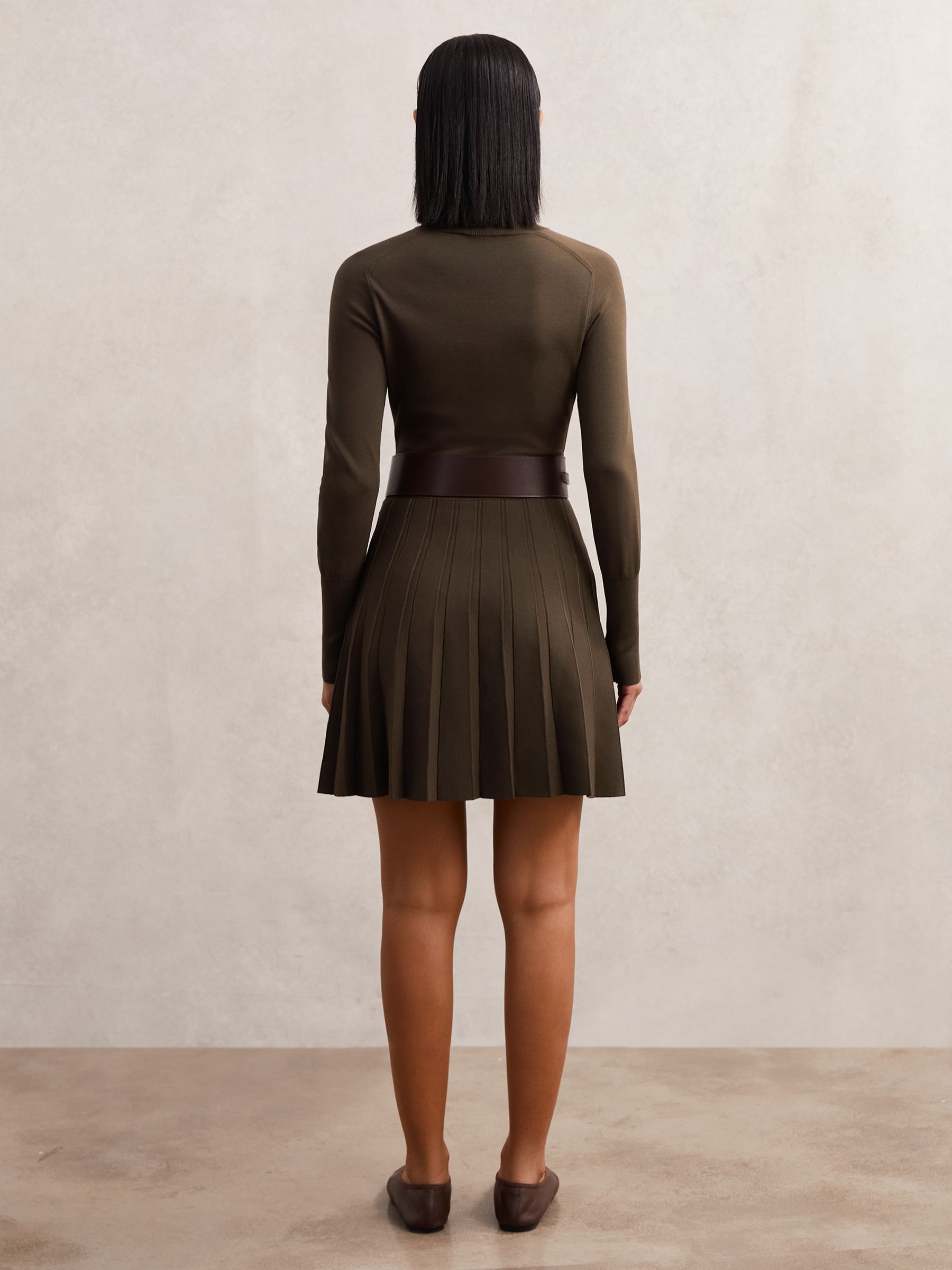 Knitted Belted Skater Mini Dress in Mocha Brown