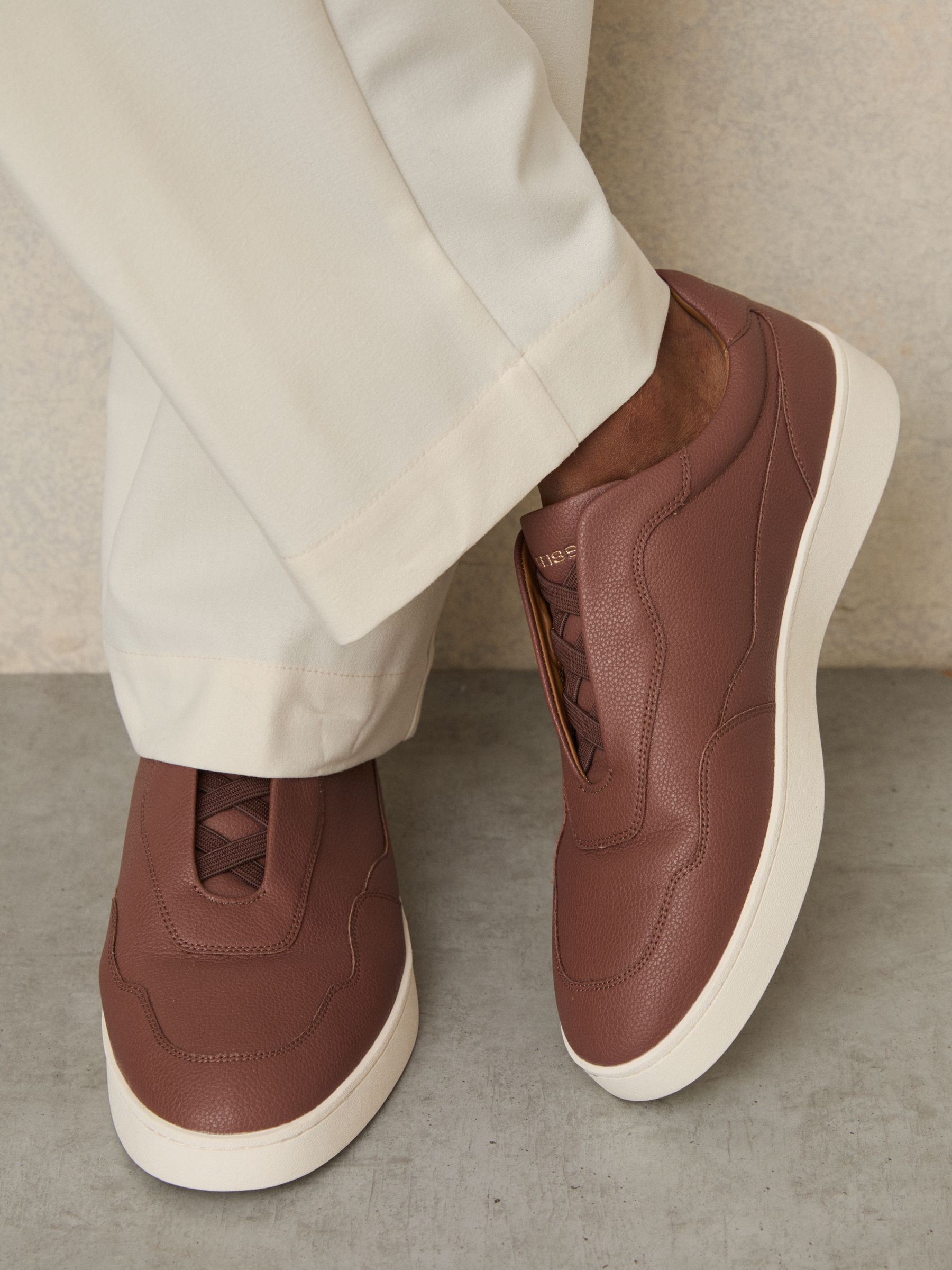 Grained Leather Elasticated Lace Trainers in Terracotta Brown