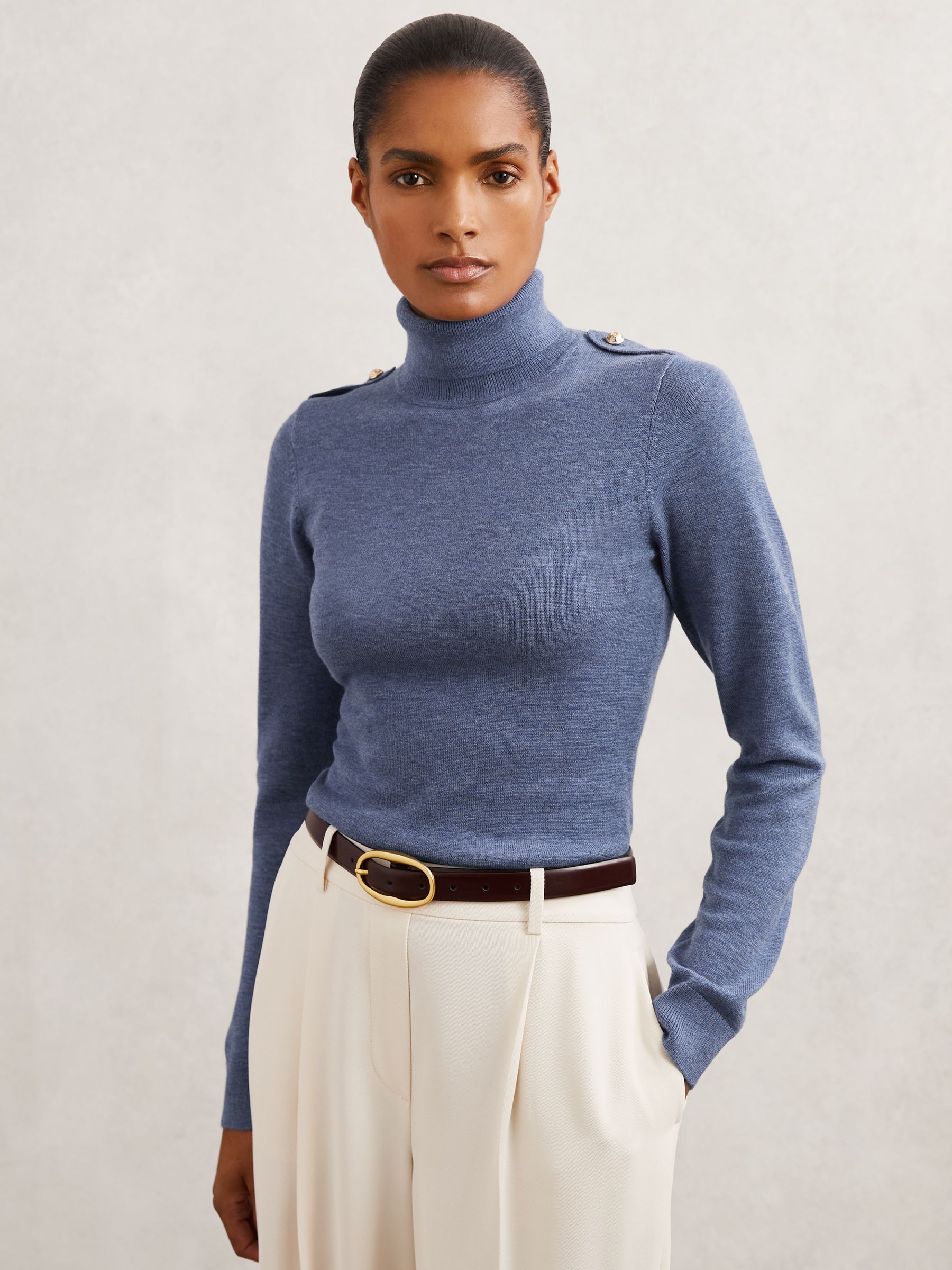 Wool Epaulette Roll-Neck Jumper in Blue