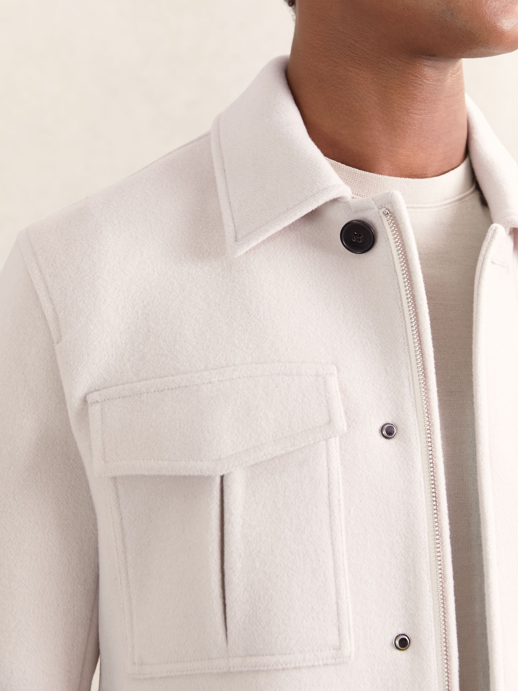 Wool Blend Twin Pocket Zipped Jacket in Ivory