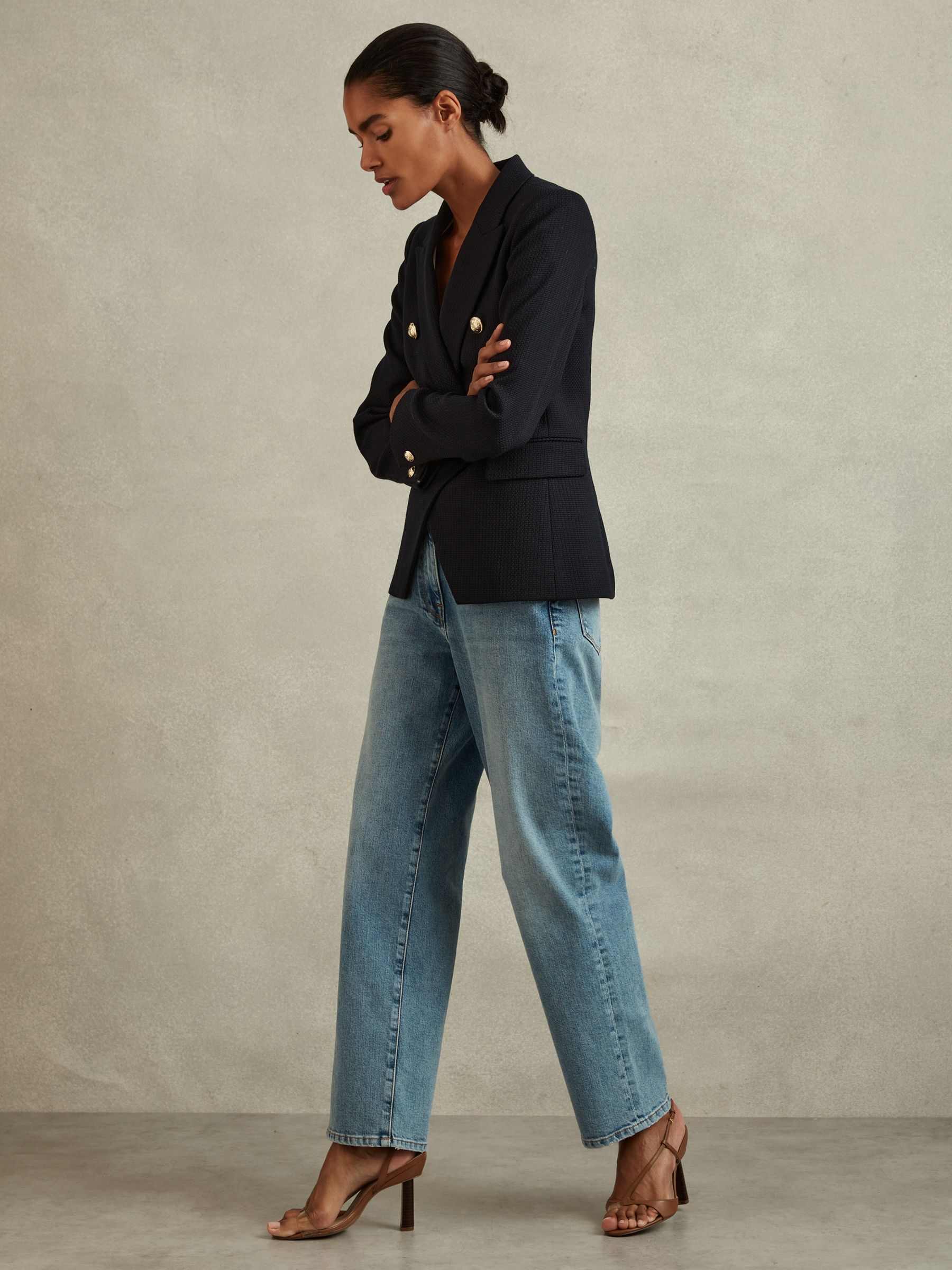 Tailored Fit Textured Double Breasted Blazer in Navy