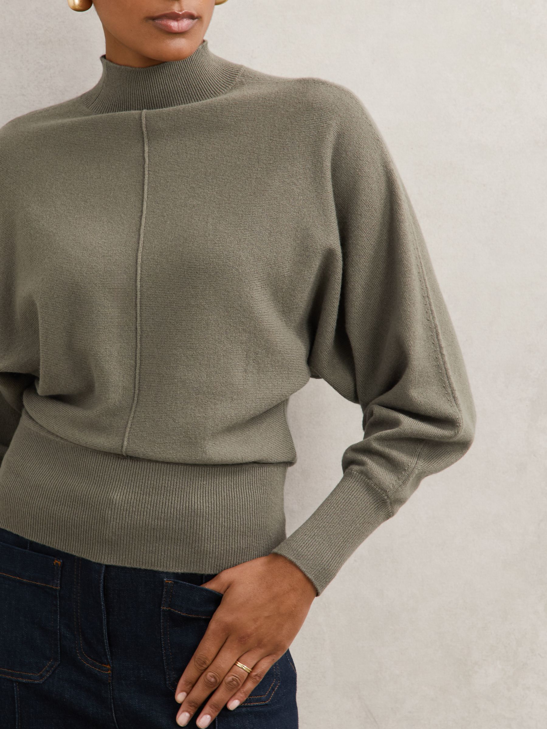 Wool-Blend Funnel-Neck Batwing Jumper with Cashmere in Sage Green