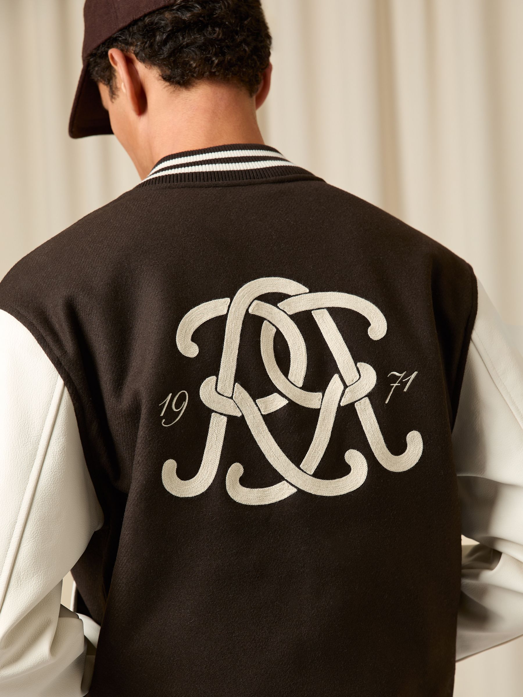 Monogram Leather-Sleeve Varsity Jacket in Brown/White