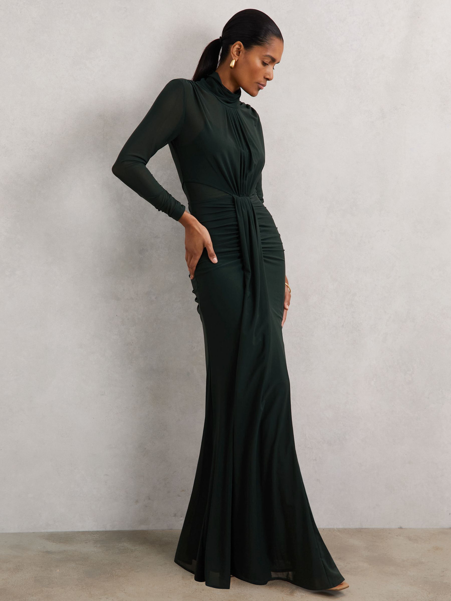 Ruched Long-Sleeve Maxi Dress in Dark Green