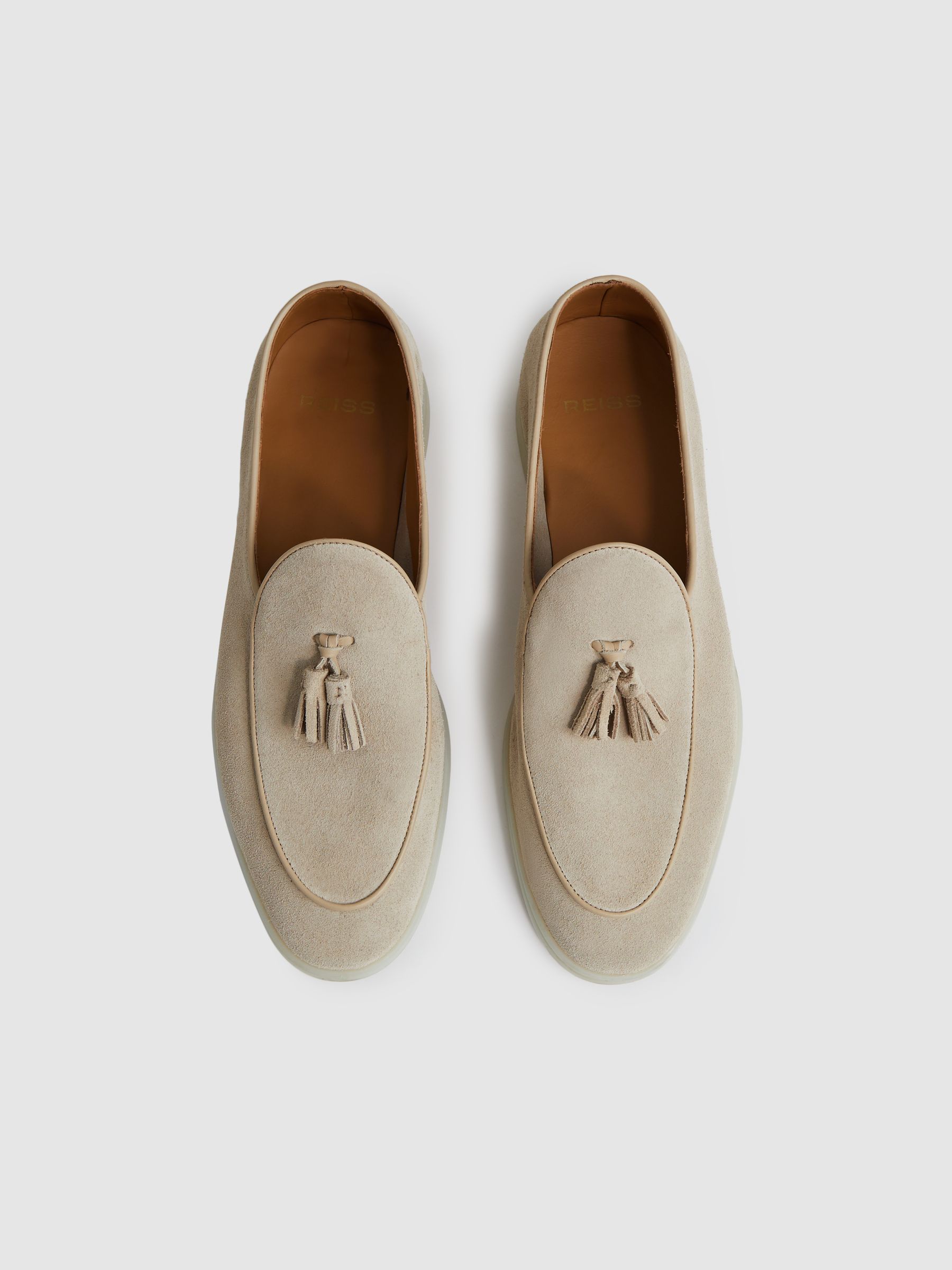 Suede Tassel Loafers in Light Stone