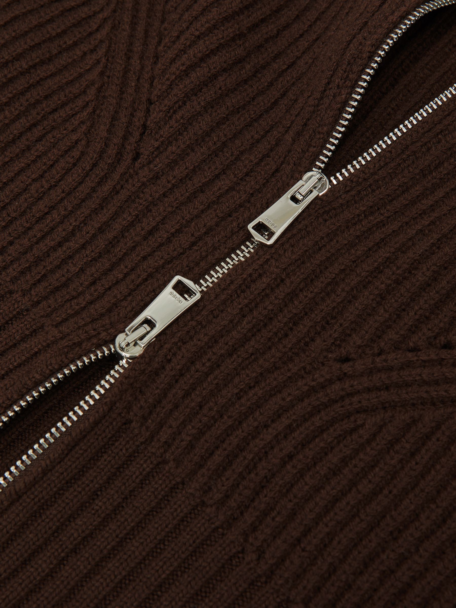 Wool Zip-Through Rib-Knit Cardigan in Chocolate Brown