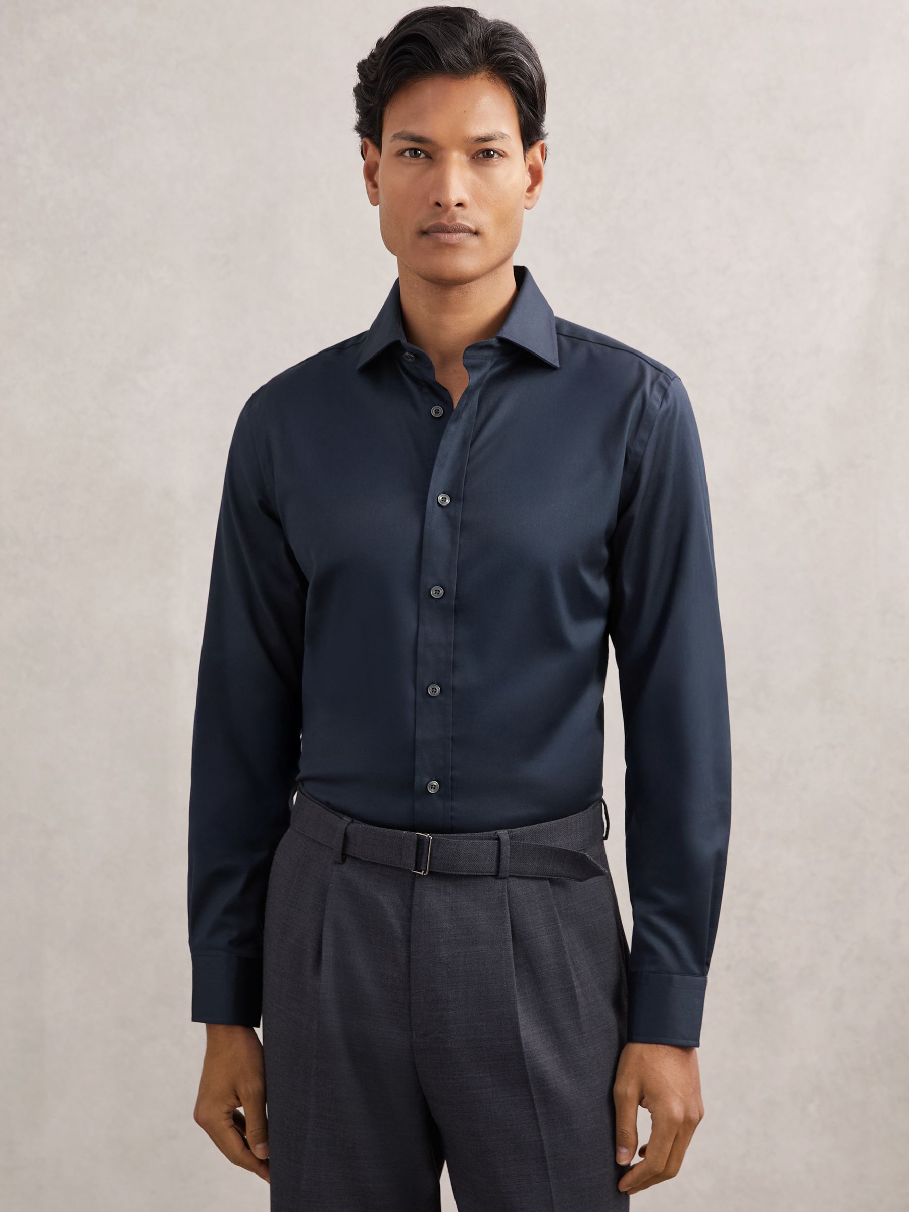 Regular Fit Cotton-Tencel Stretch Shirt in Blue