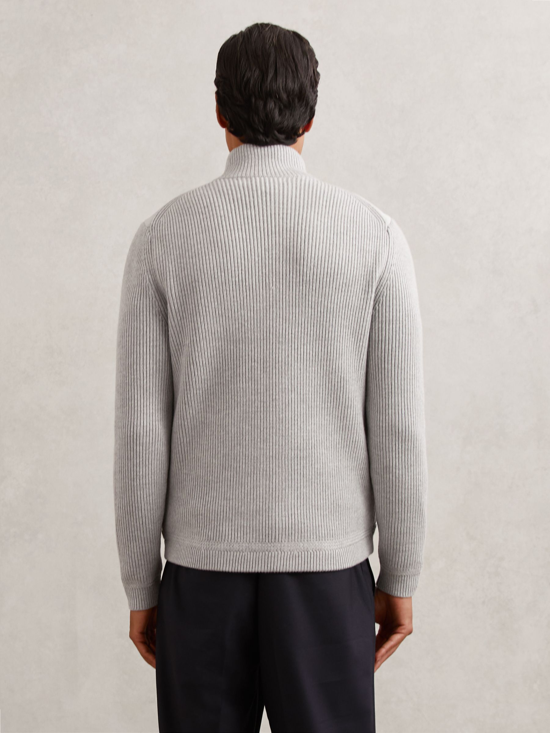 Quilted Rib-Knit Funnel-Neck Jacket in Soft Grey