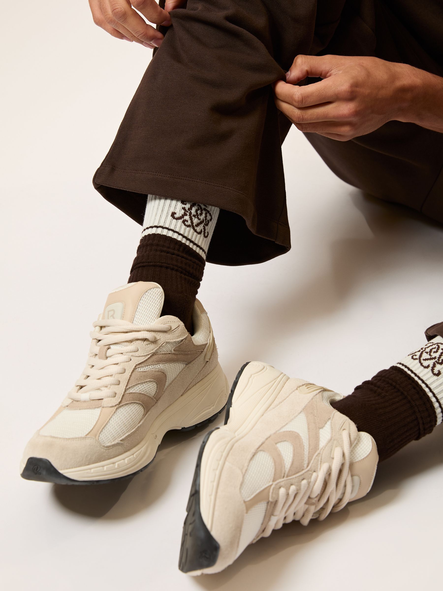 Monogram Cotton-Blend Rib Sport Socks in Chocolate Brown/Ecru/Navy