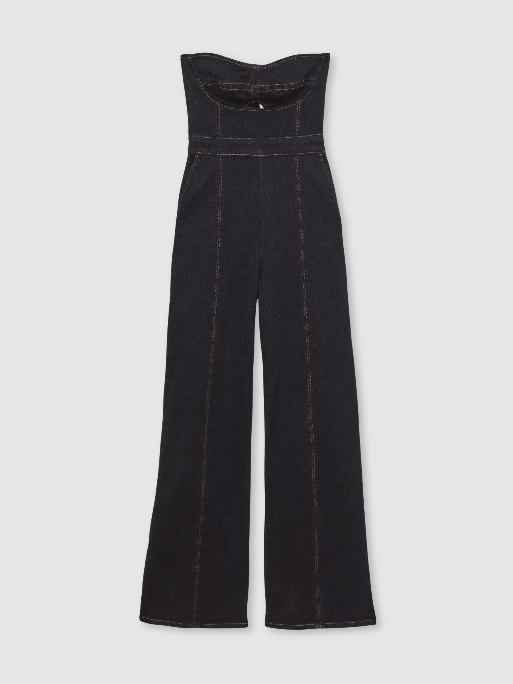 Strapless Wide Leg Denim Jumpsuit in Indigo Blue