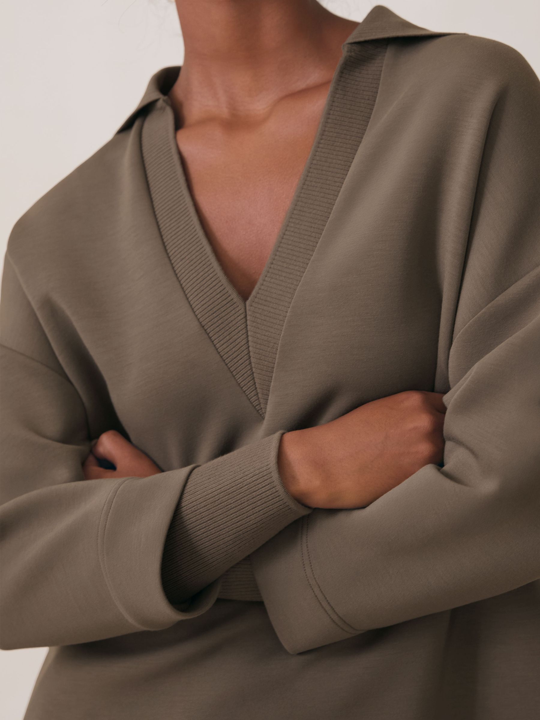 Interlock Open-Collar Sweatshirt in Khaki Green