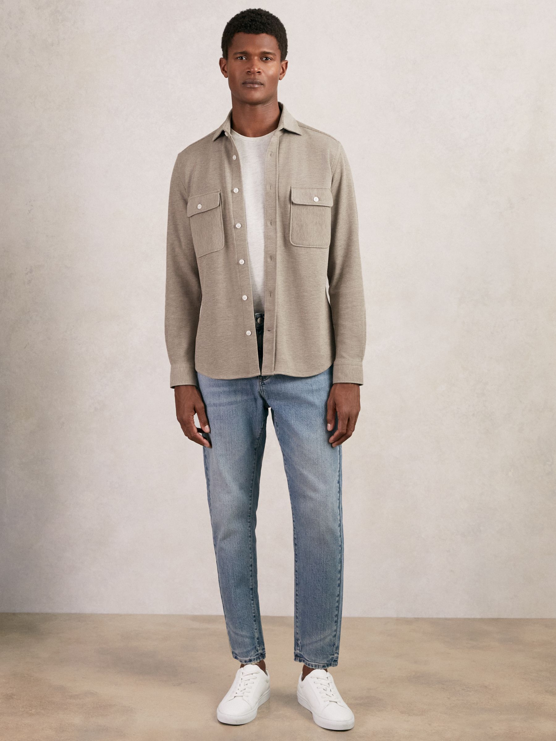 Textured Twin Pocket Cotton Blend Overshirt in Oatmeal Brown Melange