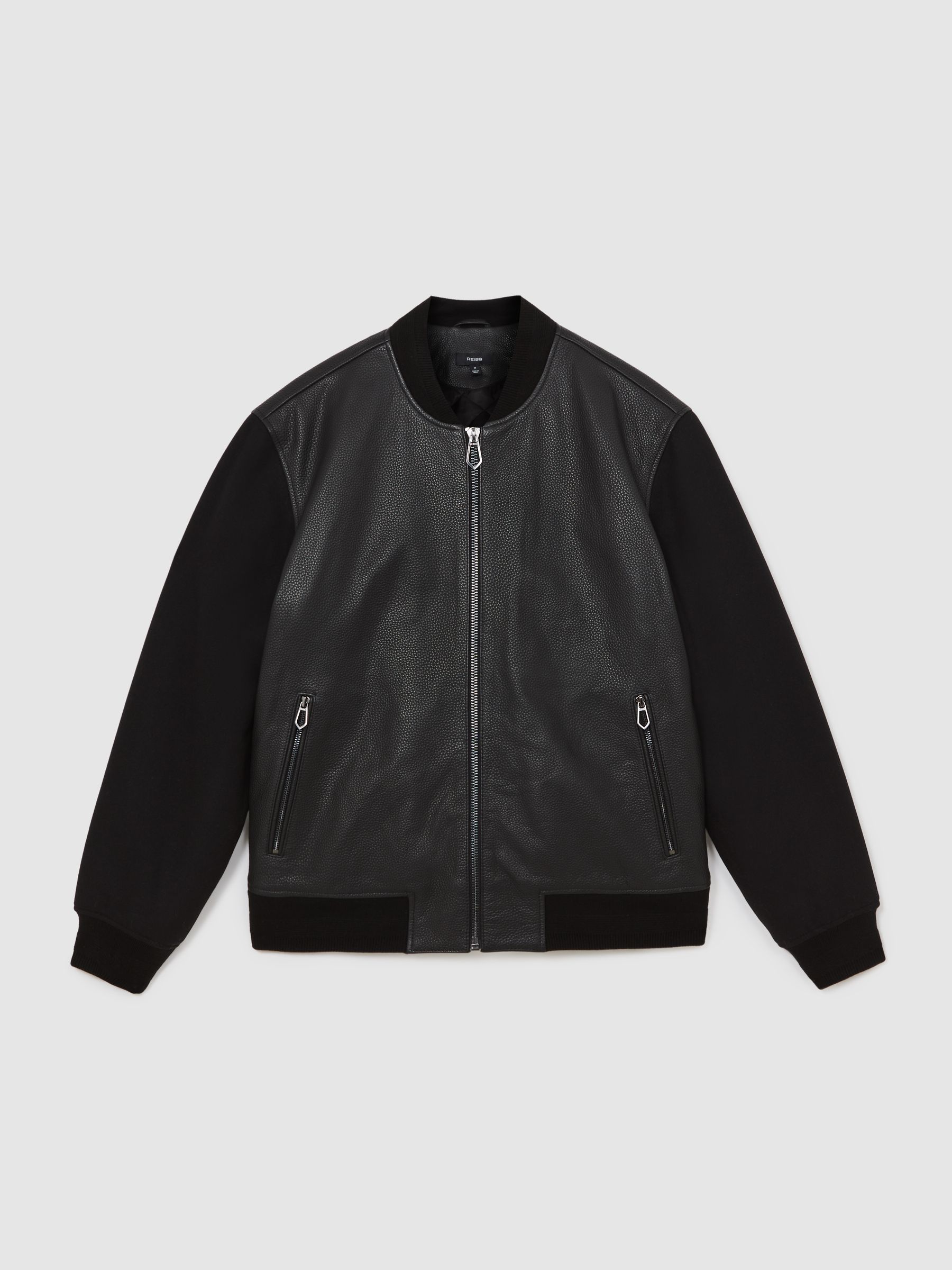 Leather Contrast-Sleeve Bomber Jacket in Black