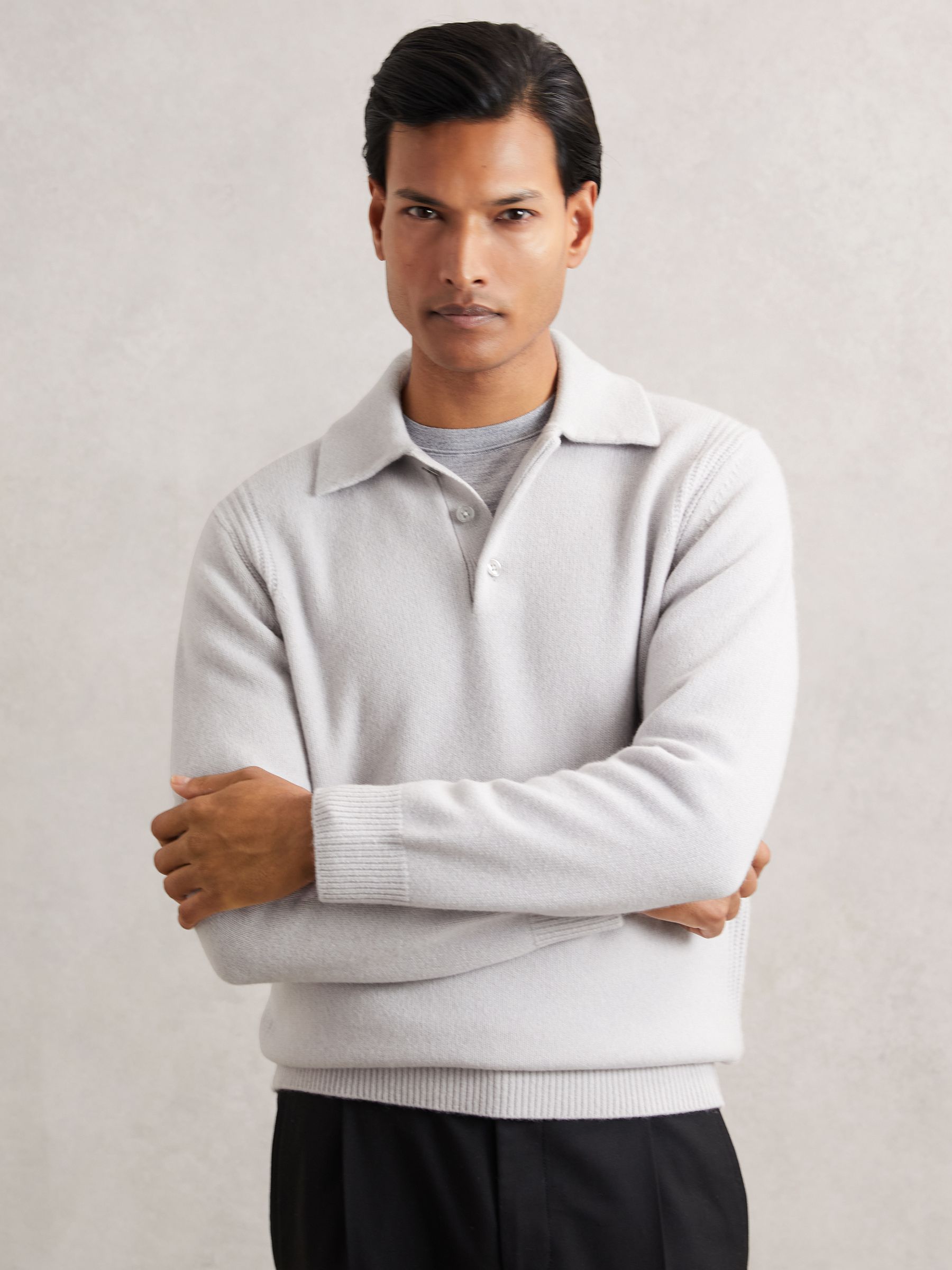 Wool-Blend Polo Jumper with Cashmere in Ice Grey