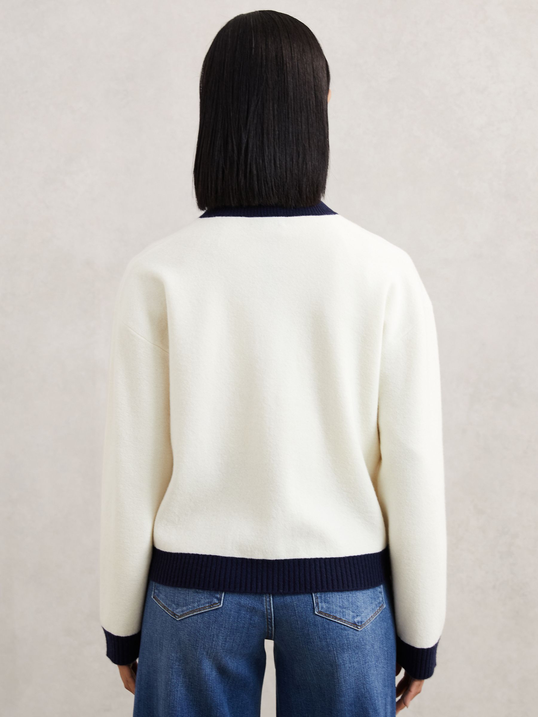 Wool-Cashmere Crew-Neck Cardigan in Cream/Navy