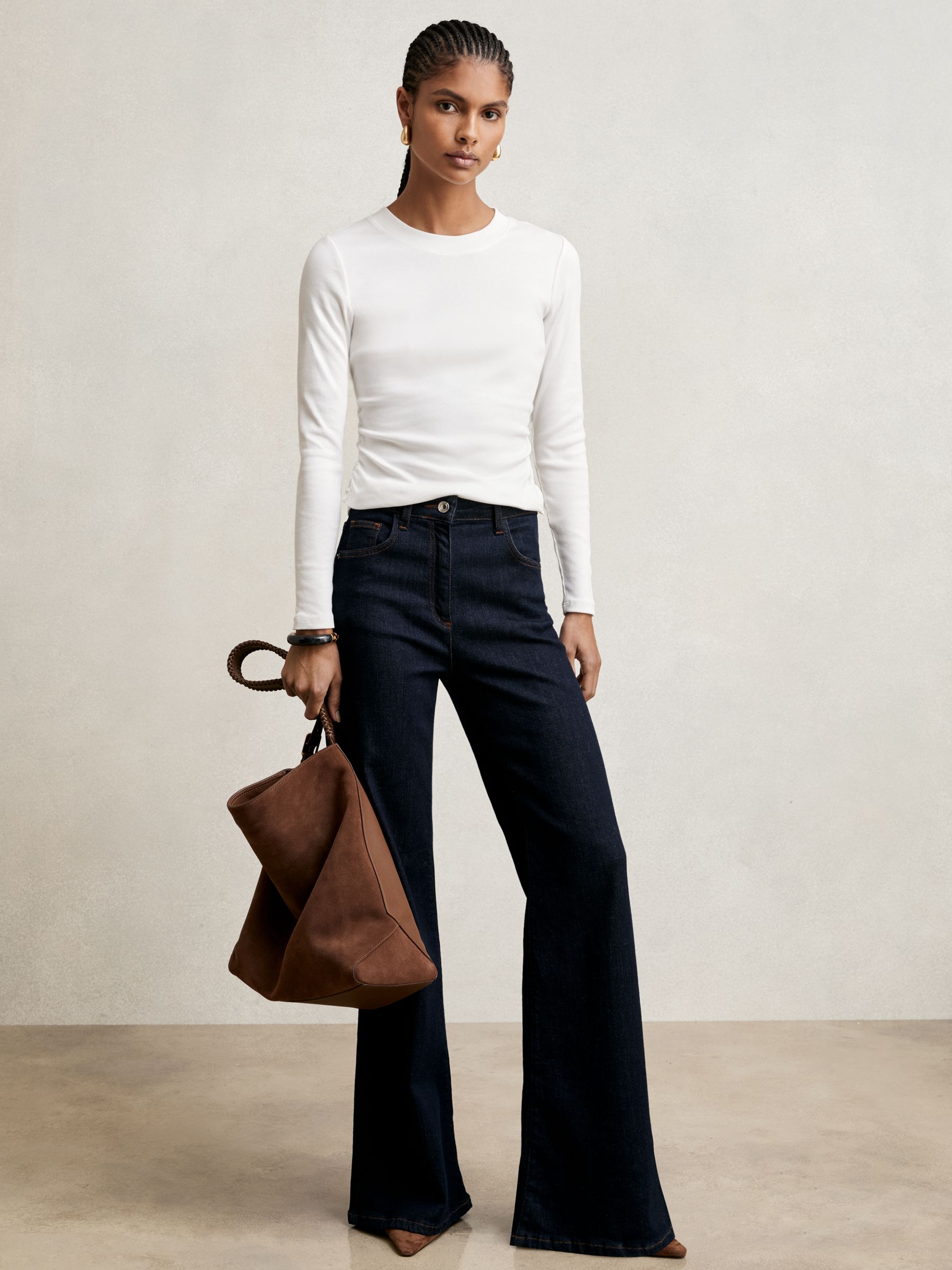 Cotton Long-Sleeve Ruched T-Shirt with Stretch in Camel