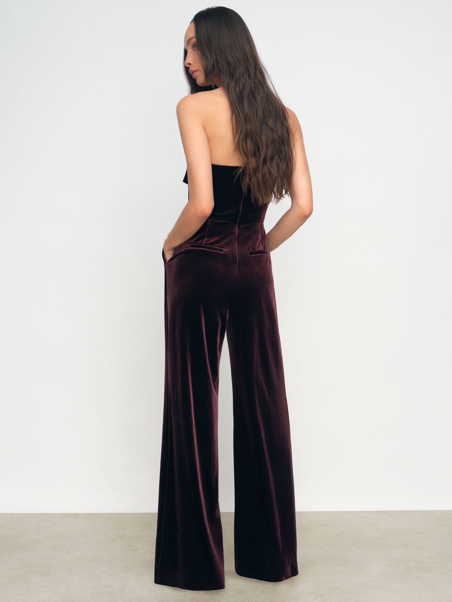 Velvet Drape Strapless Jumpsuit in Burgundy