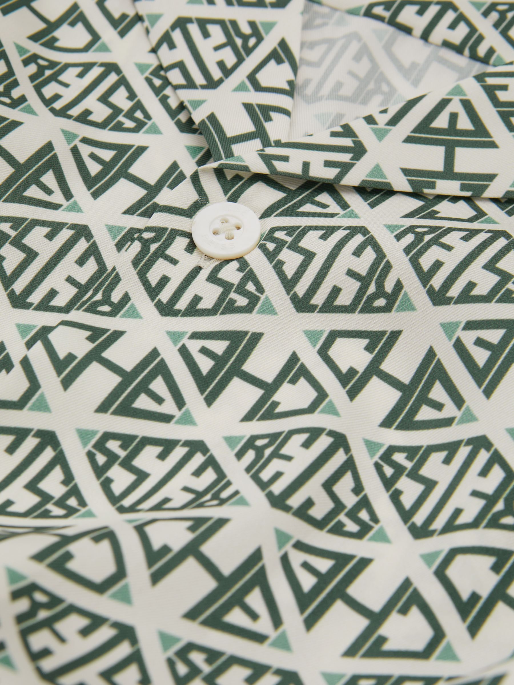 Reiss | Ché Monogram Print Cuff Detail Cuban Collar Shirt in Ivory/Sage