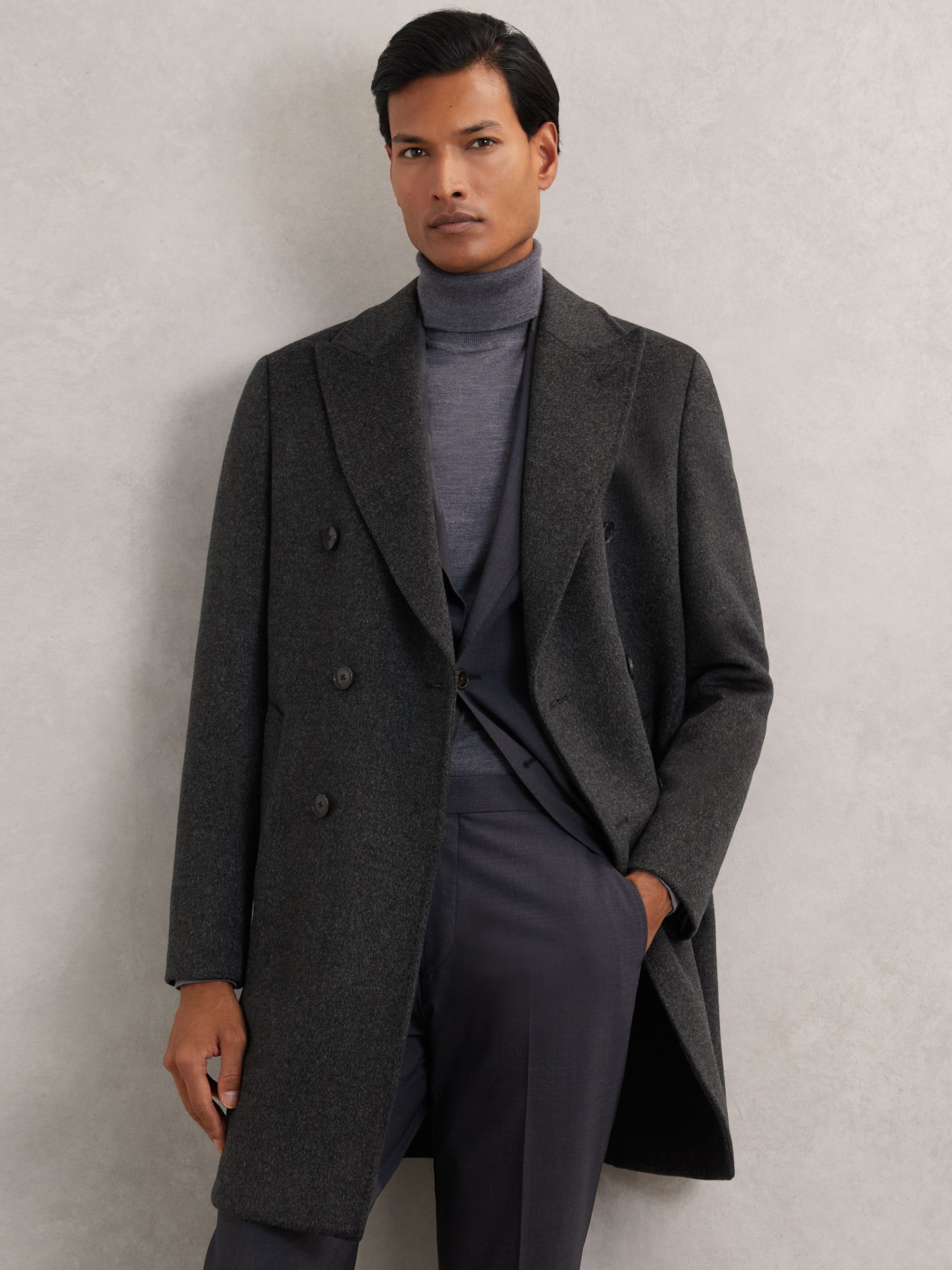 Wool-Blend Double-Breasted Overcoat in Dark Khaki Green