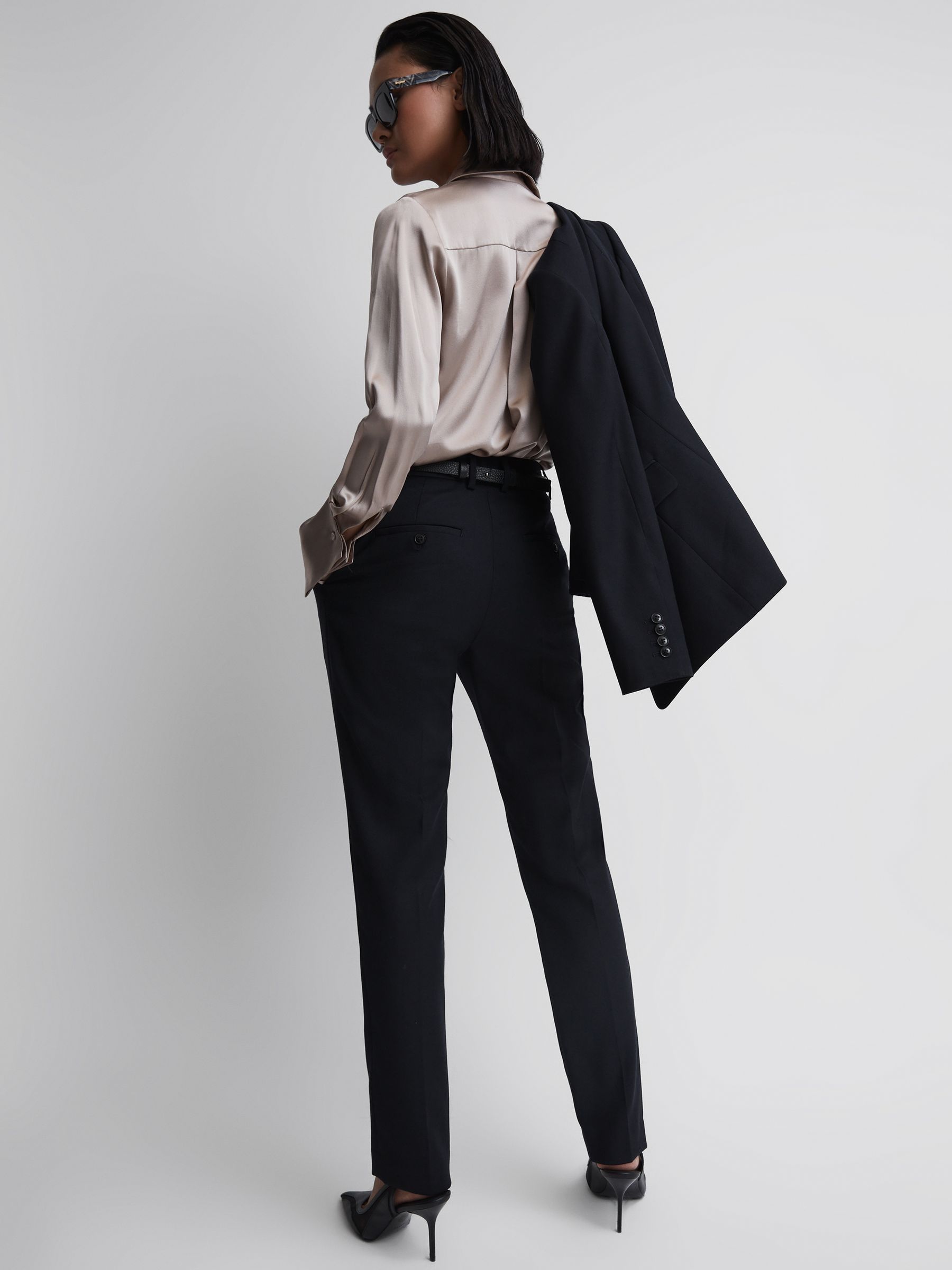 Wool Blend Tapered Suit Trousers in Navy