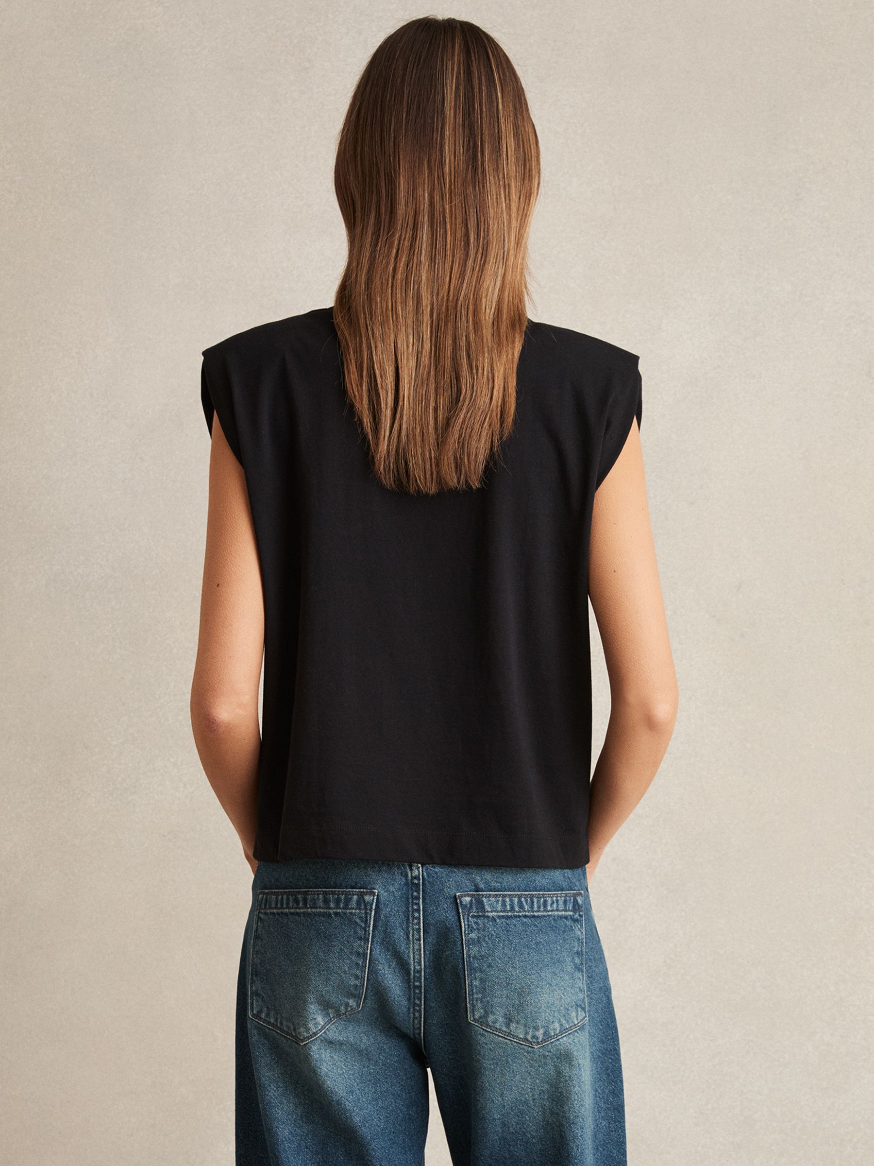 Cotton Shoulder-Pad V-Neck Top in Black