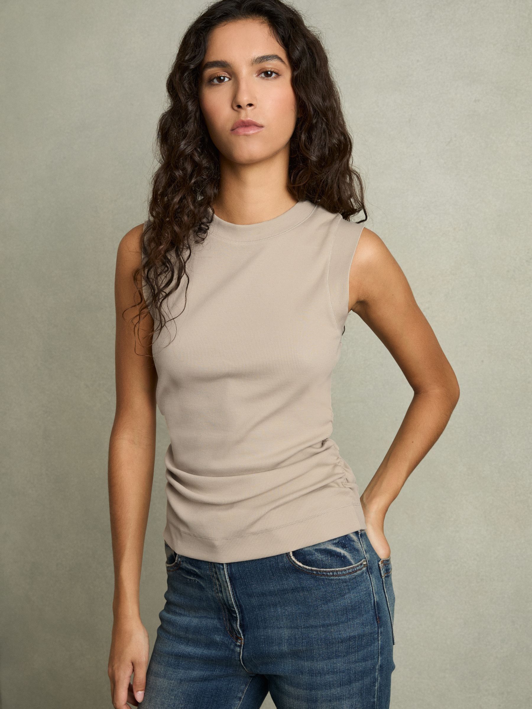 Fine-Rib Ruched Vest Top in White