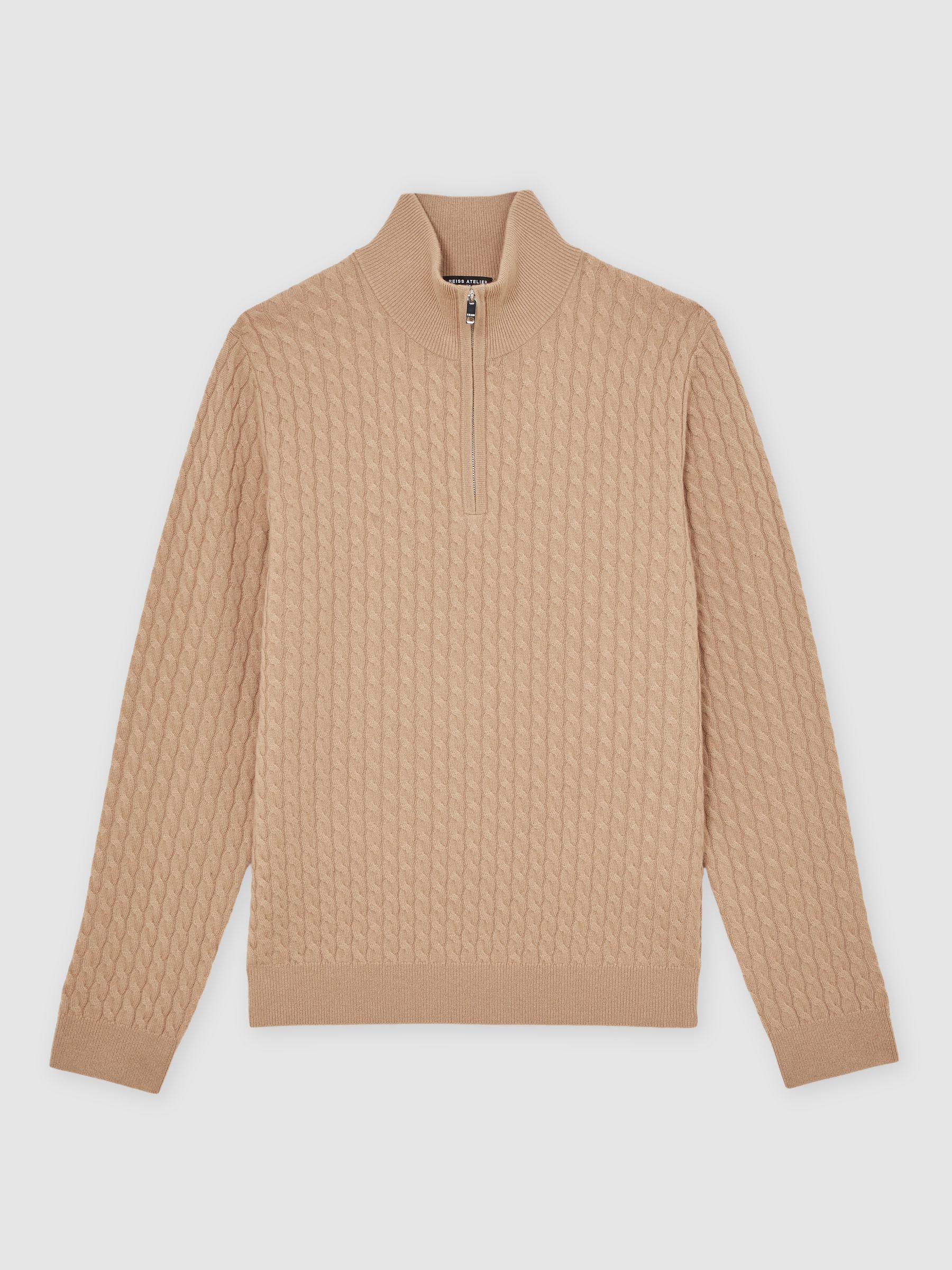 Atelier 100% Cashmere Cable Zip Jumper in Camel Brown