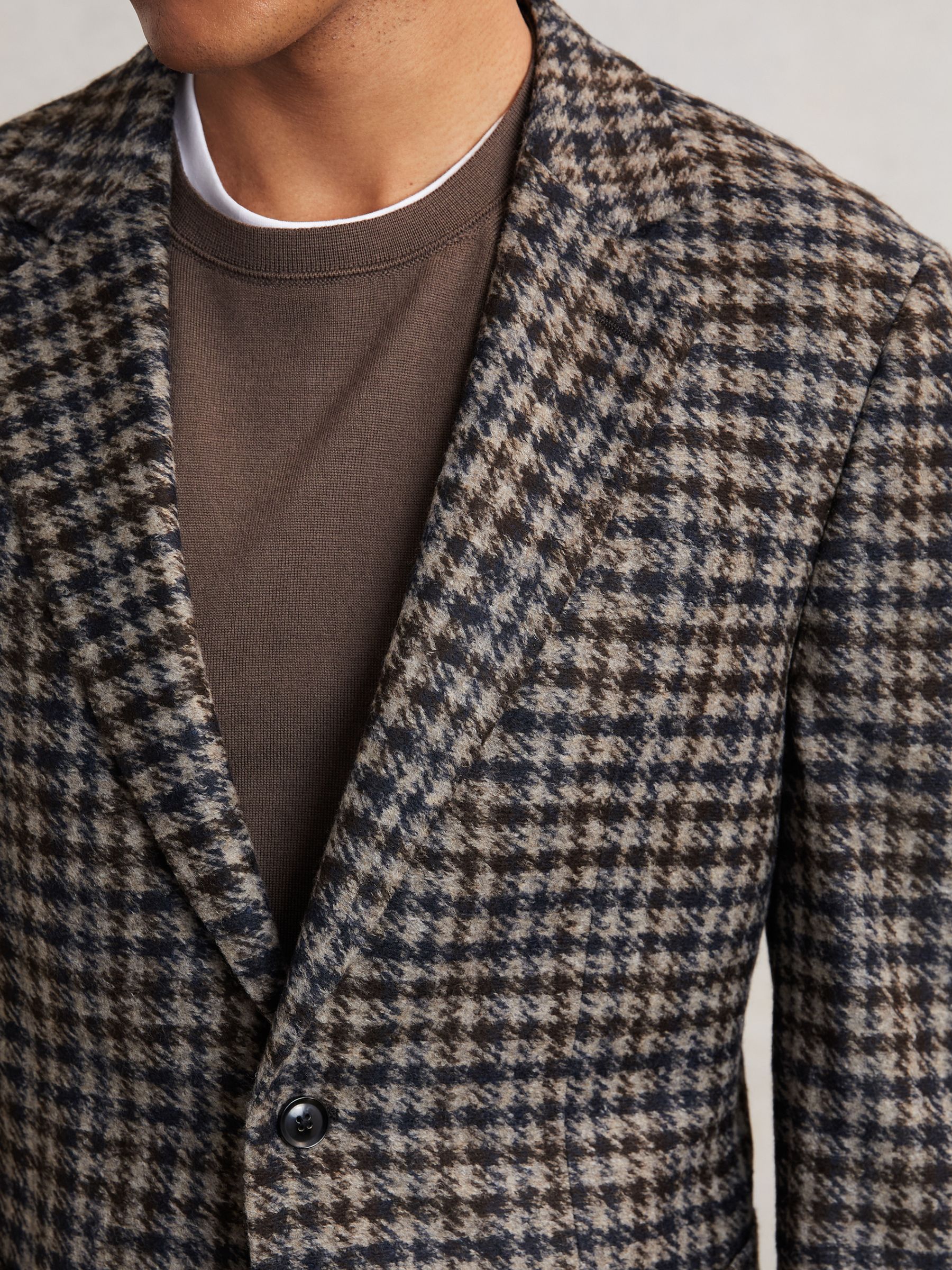 Wool-Blend Dogtooth Check Blazer in Brown