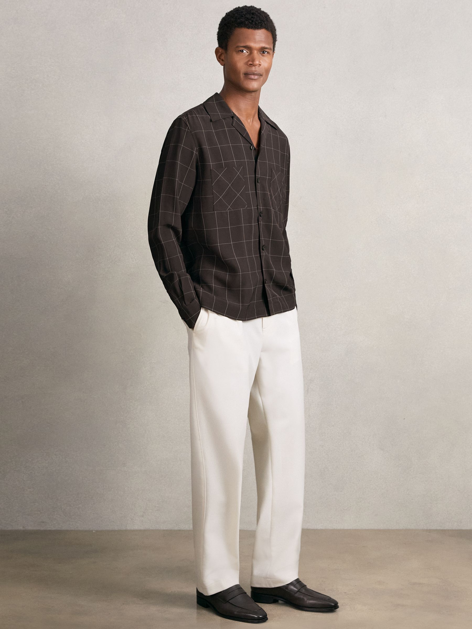 Windowpane-Check Cuban-Collar Shirt in Dark Brown