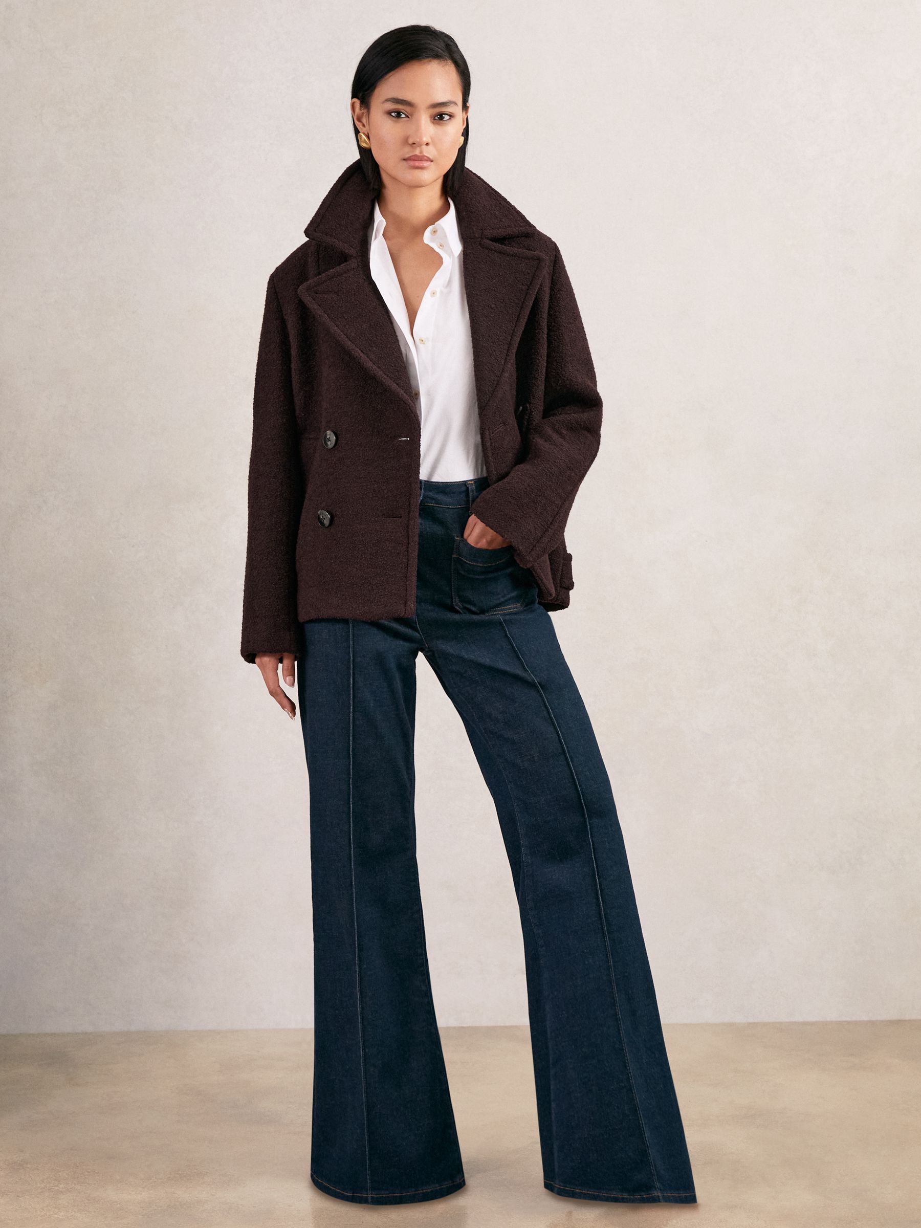 Wool-Blend Double-Breasted Short Coat in Burgundy