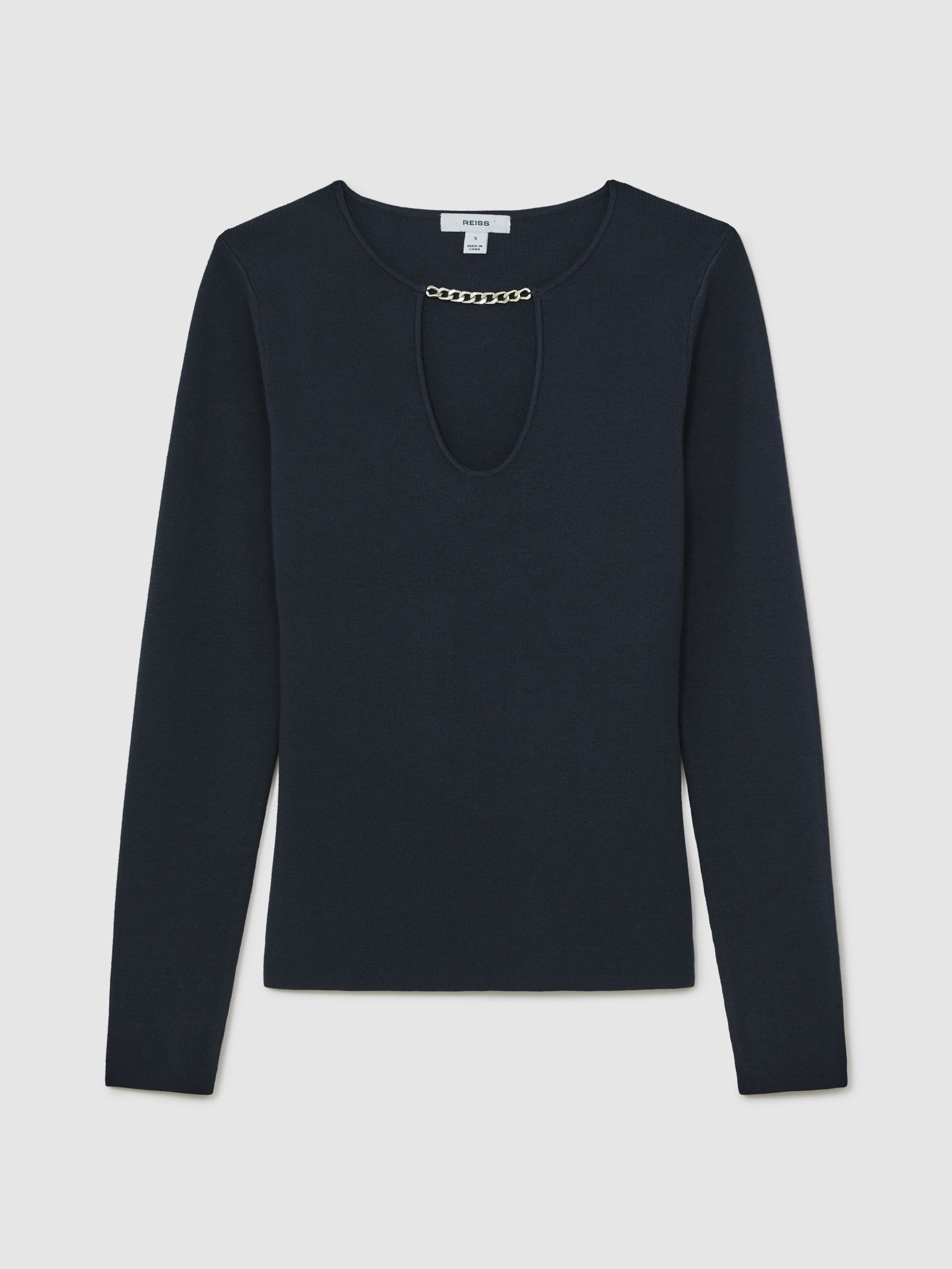 Chain-Detail Keyhole Knit Top in Navy