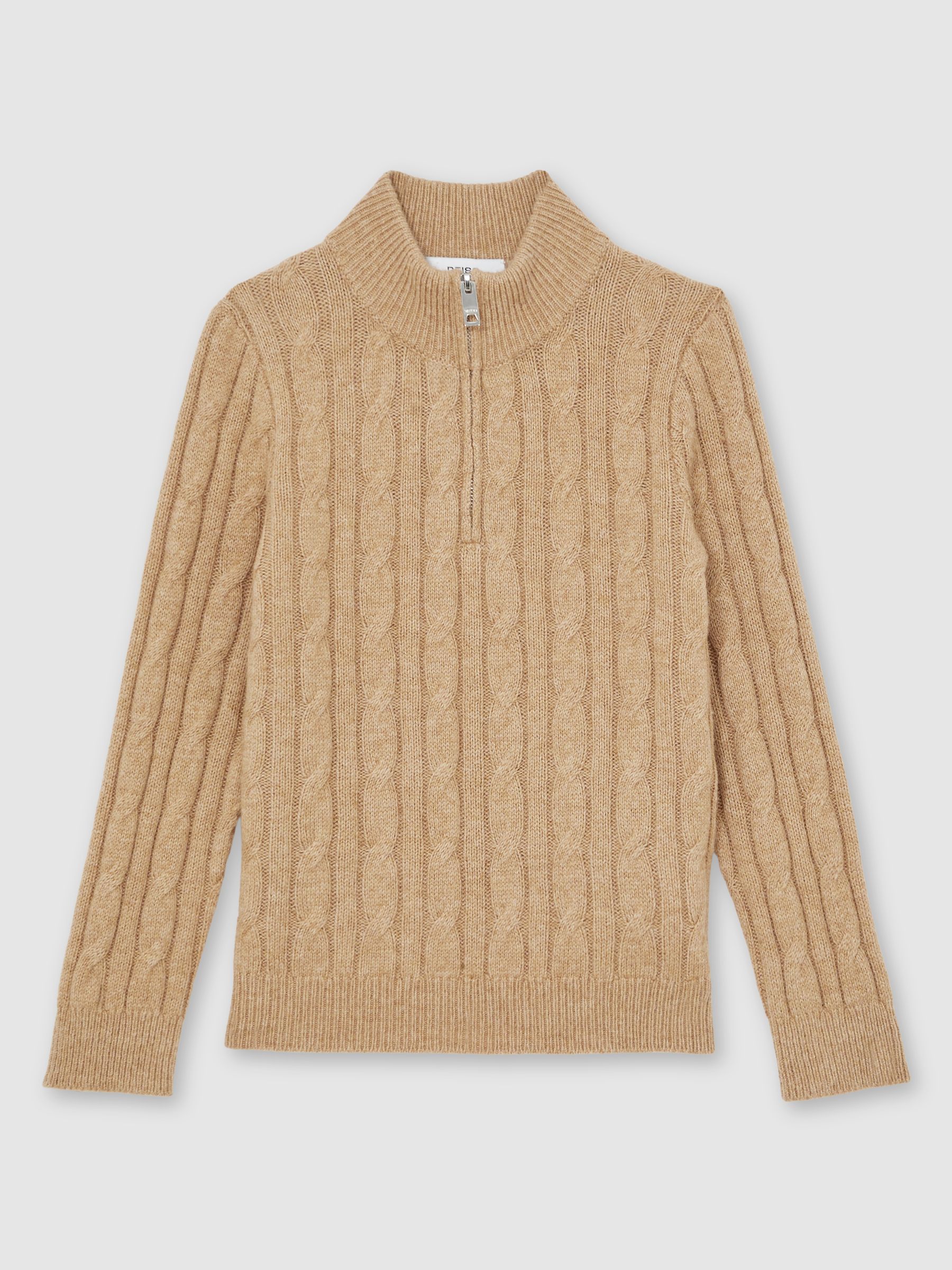 13-14 yrs Wool-Blend Half-Zip Cable Knit Jumper in Camel Melange