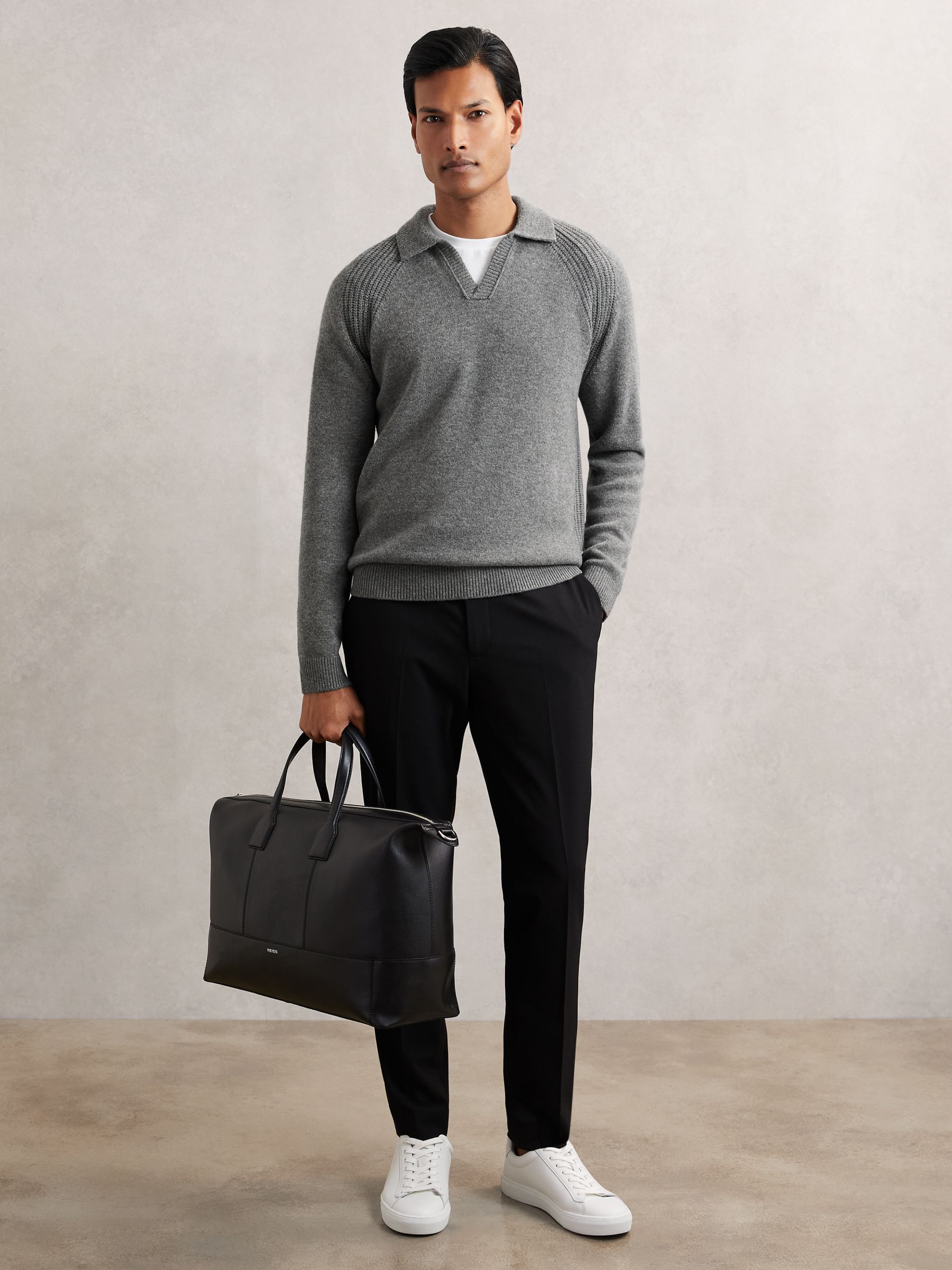 Wool-Cashmere Open-Collar Jumper in Mid Grey Melange
