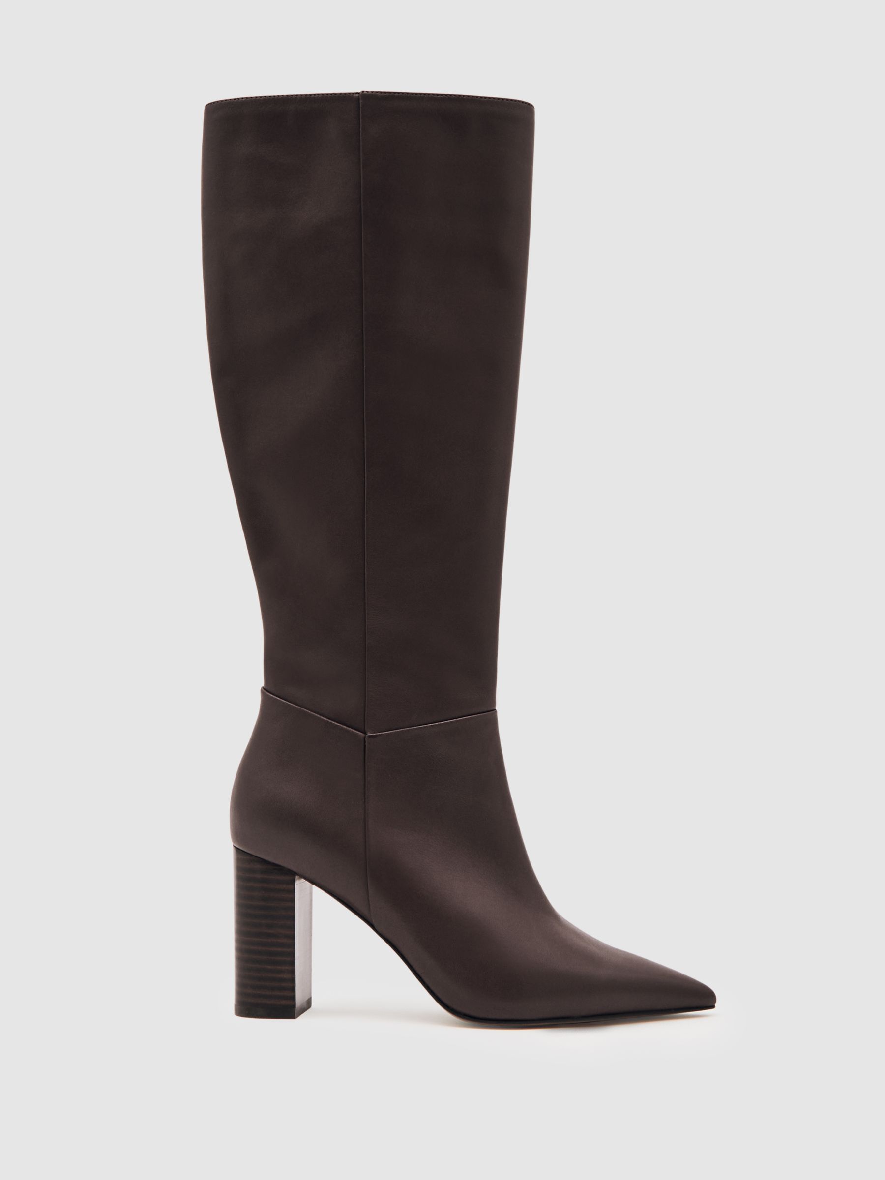 Block-Heel Knee-High Boots in Burgundy